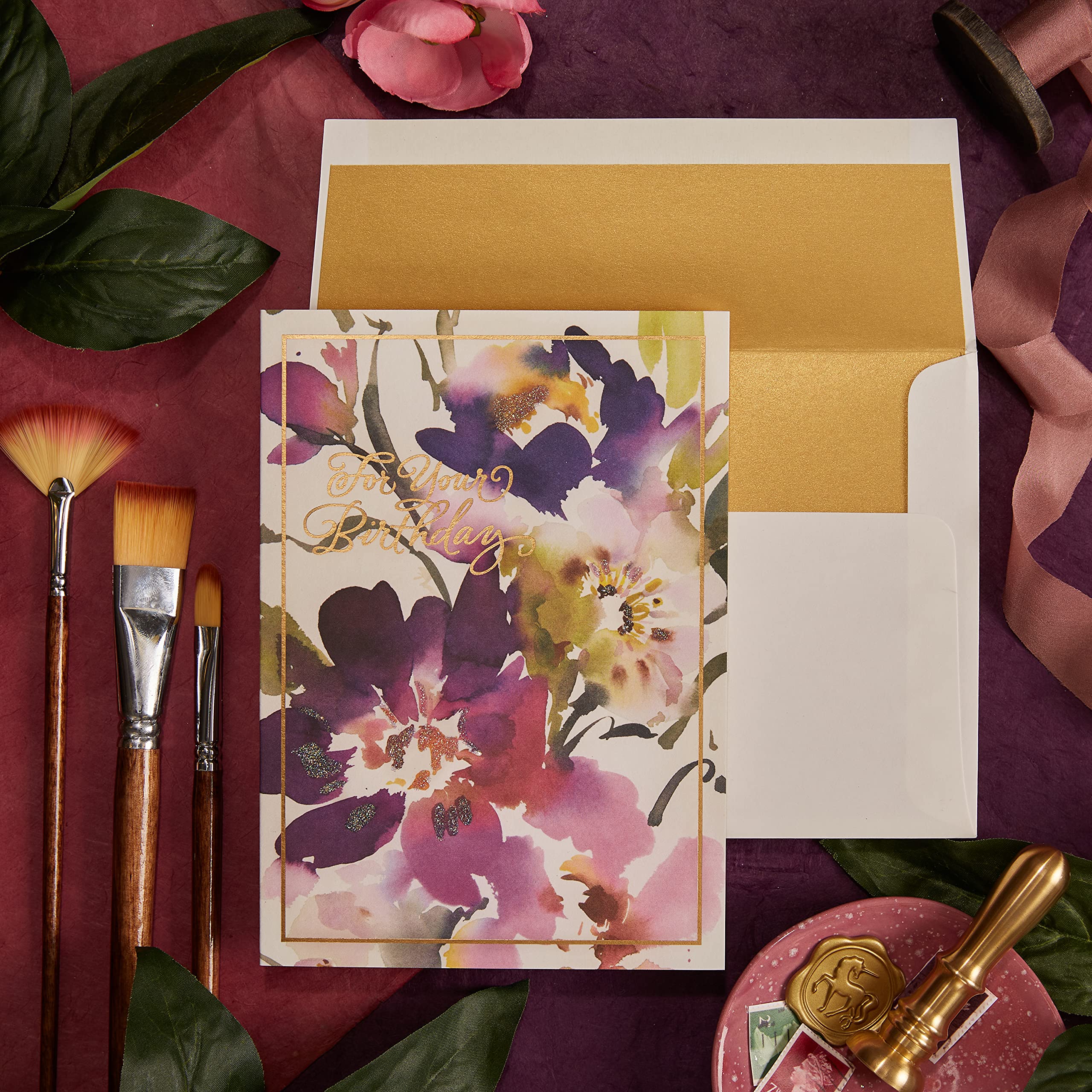 Elegant Purple Floral Birthday Card - Handmade Fine Art Greeting Card for Women, Friends & Family | Perfect for Birthdays, Anniversaries & Special Occasions