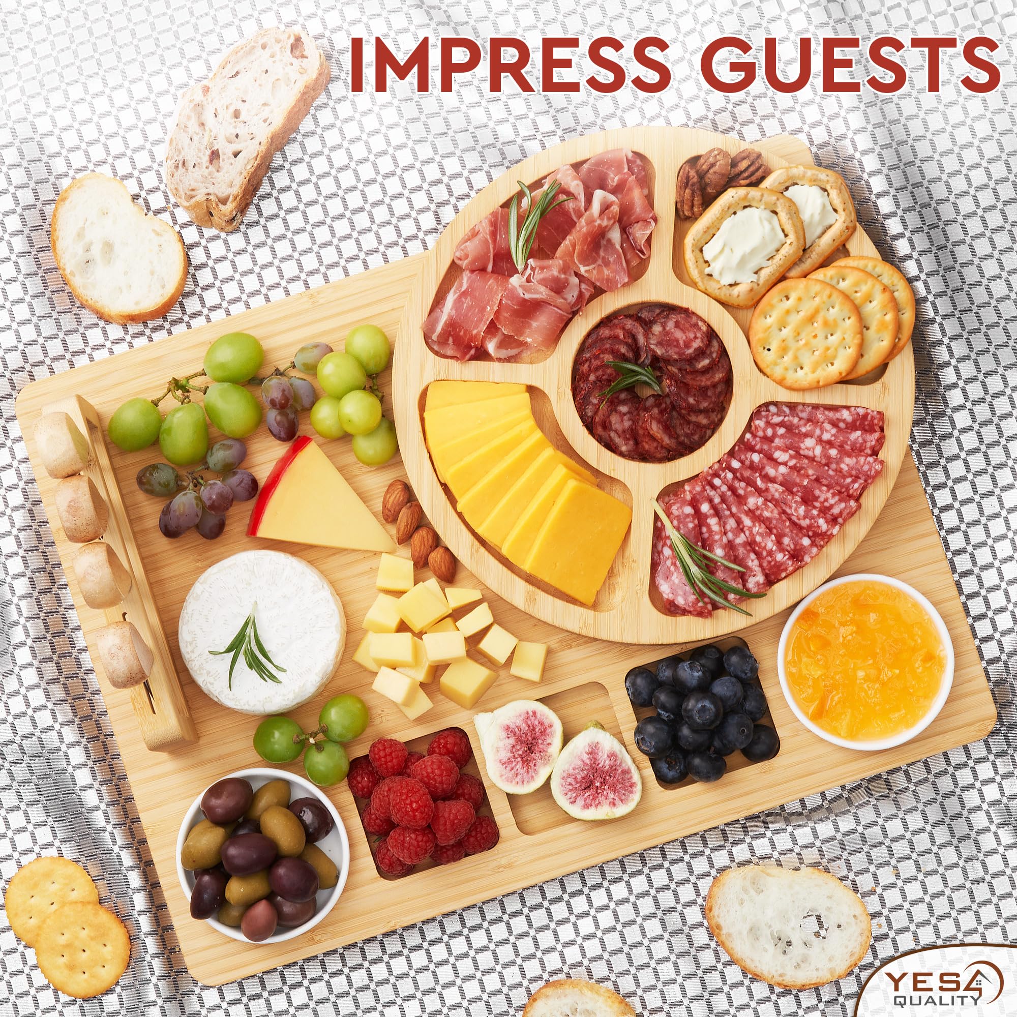 Premium Bamboo Charcuterie Board Set - 15-Piece Large Cheese & Fruit Serving Tray with Magnetic Knife Holder, Forks & Ceramic Dishes - Perfect for Birthday Gifts, Dinner Parties & Entertaining