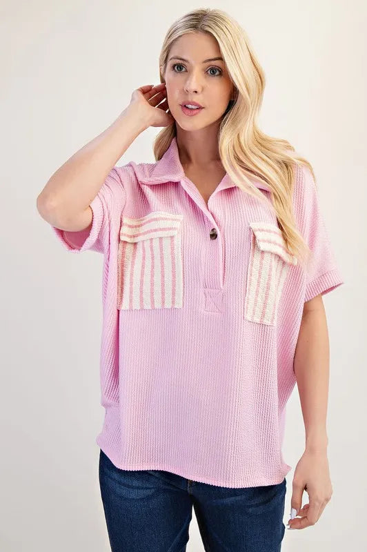 Celeste Plus Size Full Length Rib Knit Collared Shirt with Striped Pockets - Women's Casual Office Wear & Everyday Comfort