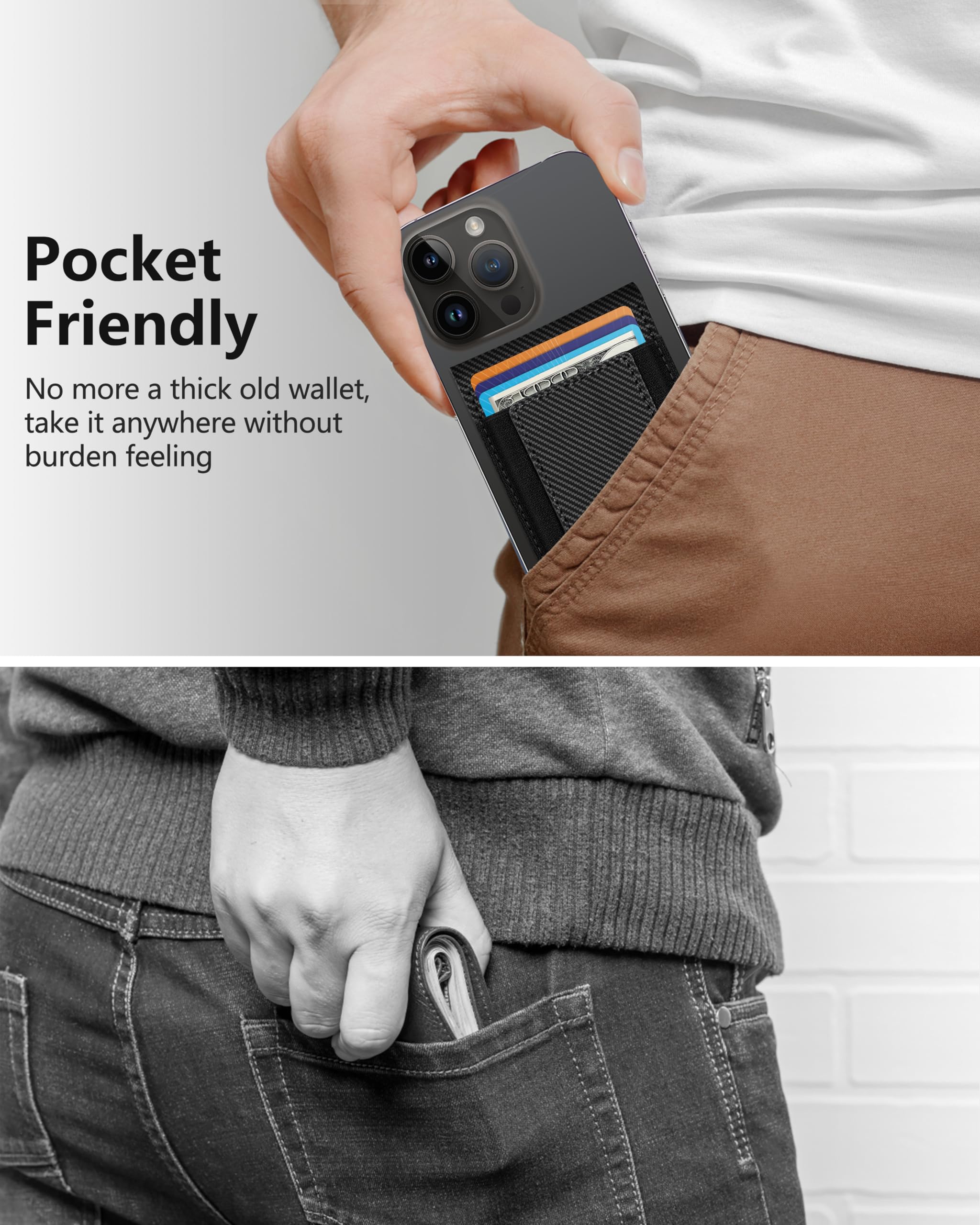 2-in-1 MagSafe Wallet with Adjustable Stand & ID Window - Magnetic Phone Wallet for iPhone 16/15/14 Pro Max/14/14 Plus/13/12 Series - Holds 9 Cards - Black Carbon Fiber - Perfect for Travel, Work & Everyday Use