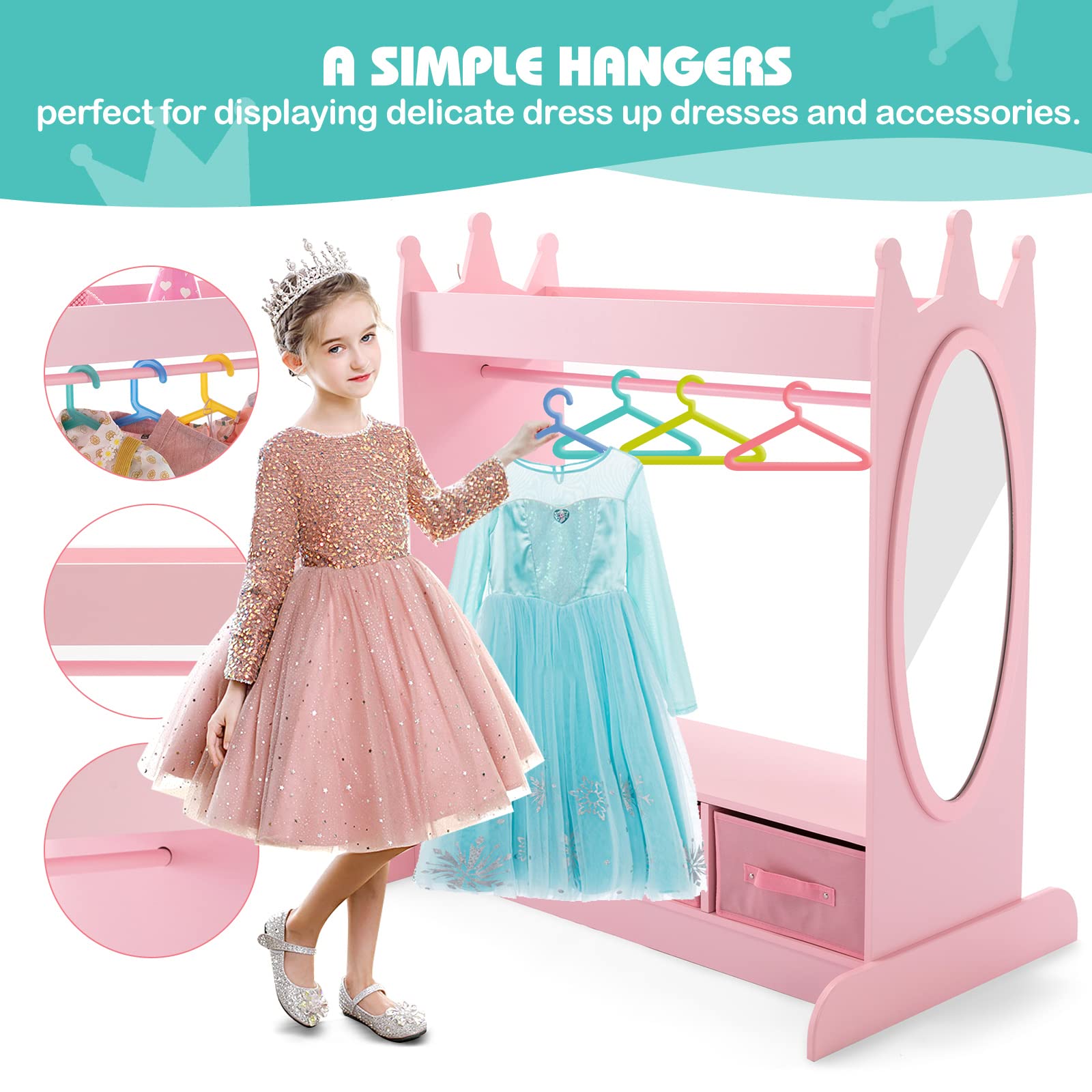 JOYLDIAS Kids Dress Up Storage Organizer with Mirror and 3 Drawers, Pink Playroom Wardrobe for Girls - Costume Closet with Side Pockets & Top Shelf | Perfect for Bedroom, Nursery & Pretend Play Areas