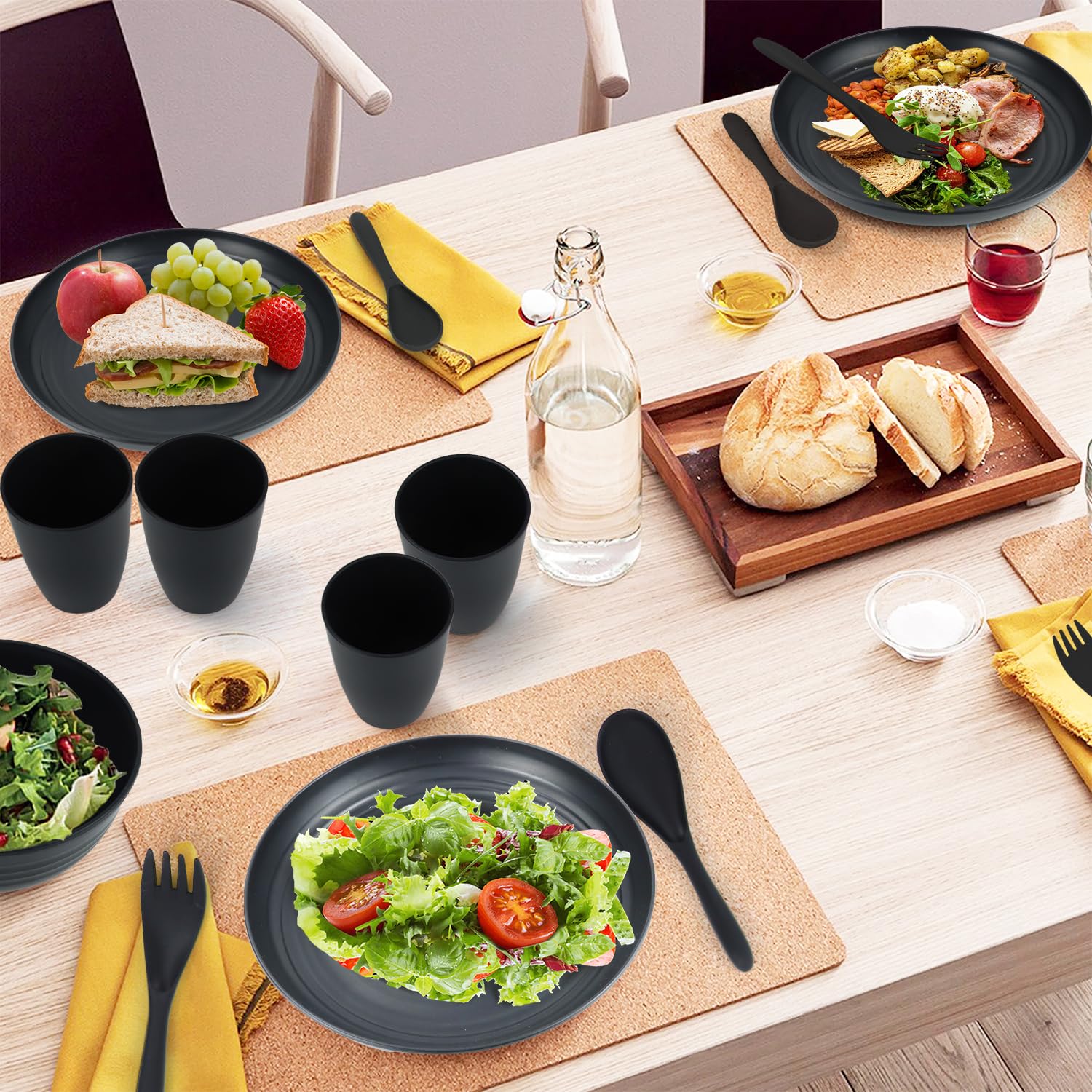 20-Piece Eco-Friendly Wheat Straw Dinnerware Set - Unbreakable Plates & Bowls, Reusable BPA-Free Plastic Alternative - Perfect for Outdoor Camping, Picnics, RV Trips & Microwave-Safe Home Use - 4-Person Set (Black)