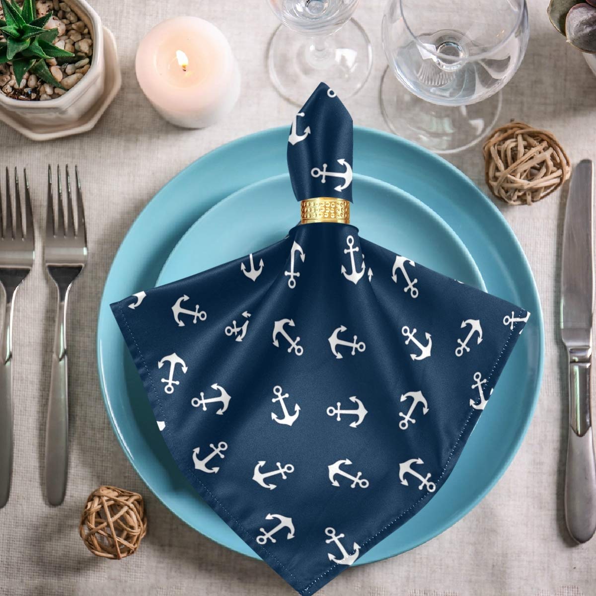 Chic Nautical Anchor Design Polyester Cloth Napkins - Set of 1 (20x20 Inches) Soft & Absorbent Dinner Napkins for Family Dining, Restaurants, Weddings & Parties - Navy Blue | Perfect for Beach-Themed Events, Summer BBQs & Coastal Home Decor