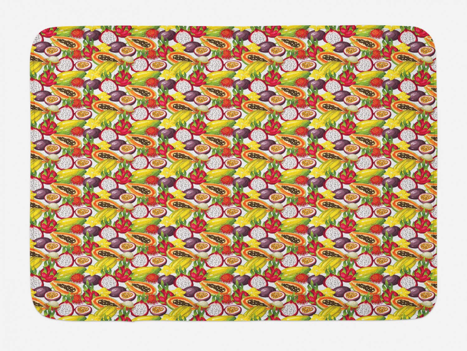 Ambesonne Non-Slip Fruit Bath Mat - Tropical Mango & Dragon Fruit Design, Soft Plush Bathroom Rug, 30.2