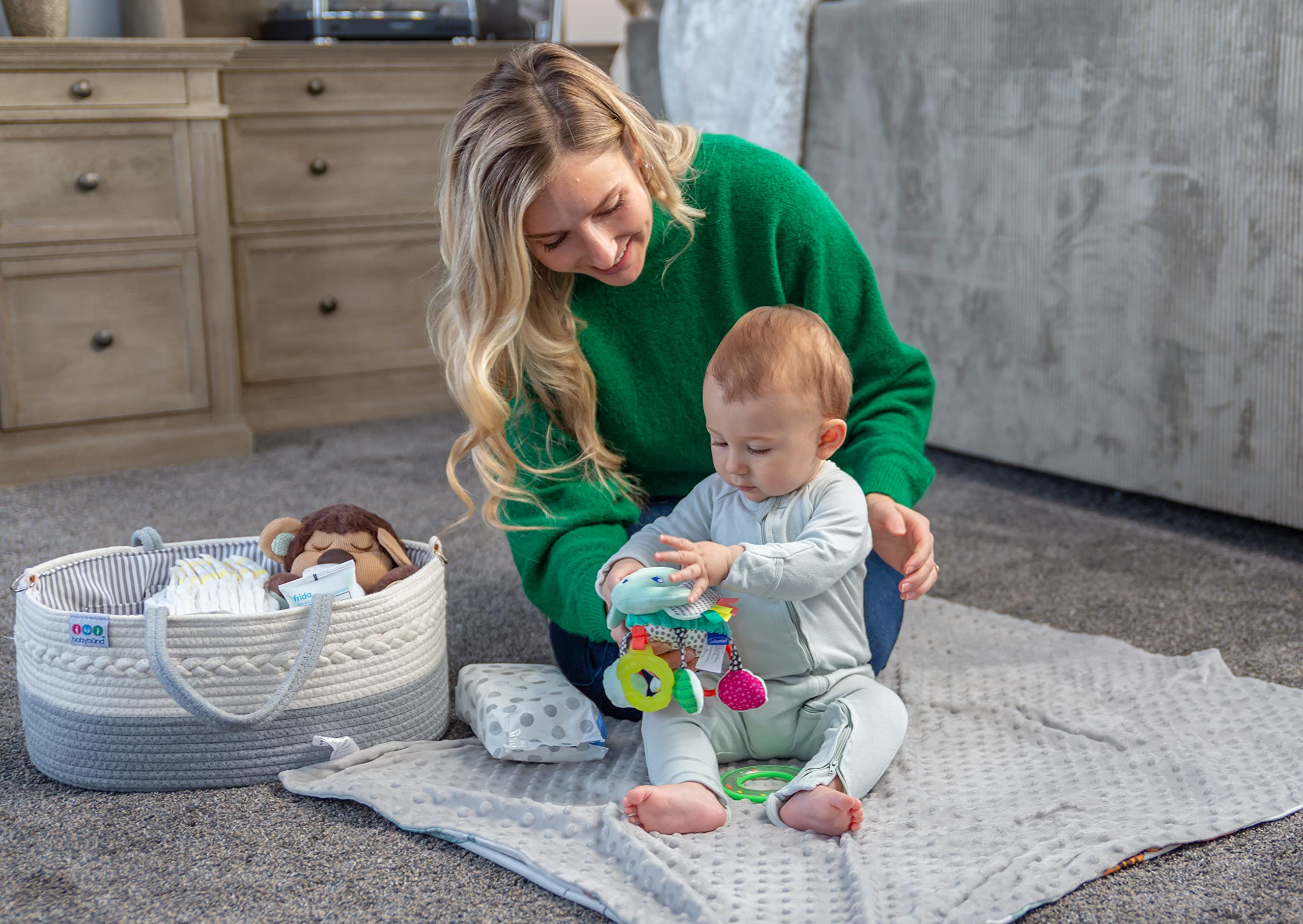 Extra Large Baby Diaper Caddy Organizer - Portable Rope Diaper Storage Basket for Nursery & Changing Table - Baby Essentials Organizer with Multiple Pockets - Perfect for Diapers, Wipes, Toys & Baby Care Items at Home or Travel