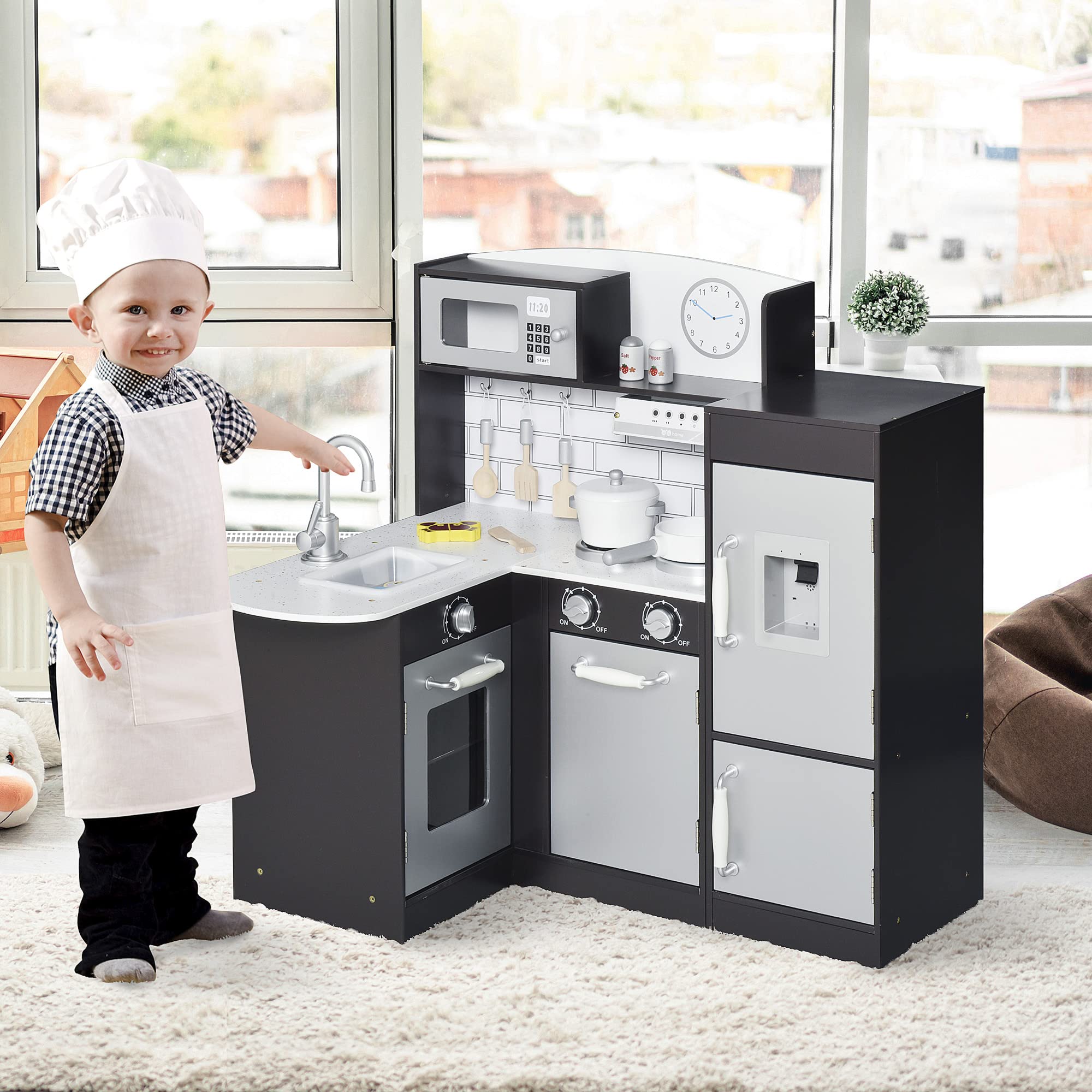 Qaba Corner Kids Wooden Kitchen Playset with Drinking Fountain, Microwave, Fridge & Accessories - Pretend Play Kitchen Toy for Ages 3+ - Perfect for Home, Preschool & Daycare Playrooms