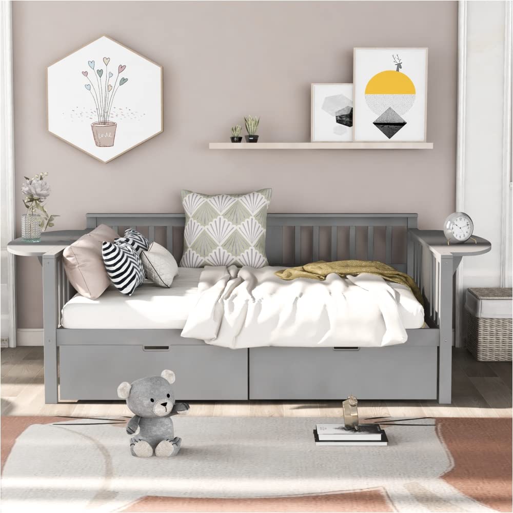 HuaZo Full Size Daybed with 2 Drawers - Wood Slat Support, Gray - Space Saving Bed Frame for Guest Room, Dorm & Small Apartments