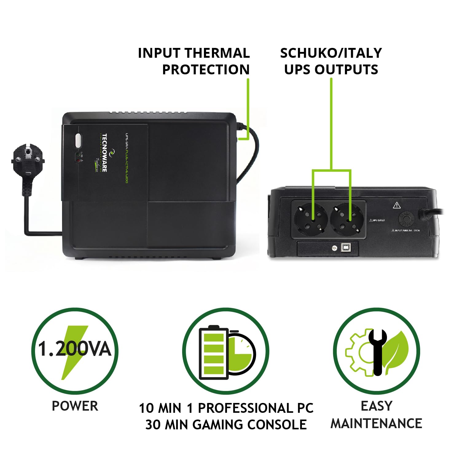 Tecnoware Power Systems - UPS ERA PLUS ACTIVE 1200VA, 1200VA Uninterruptible Power Supply with Active PFC for PC, Mac, Gaming Console, AVR Protection | USB Port | Silent Operation | Black Design | Ideal for Home Office, Gaming Setup & Electronics Protection