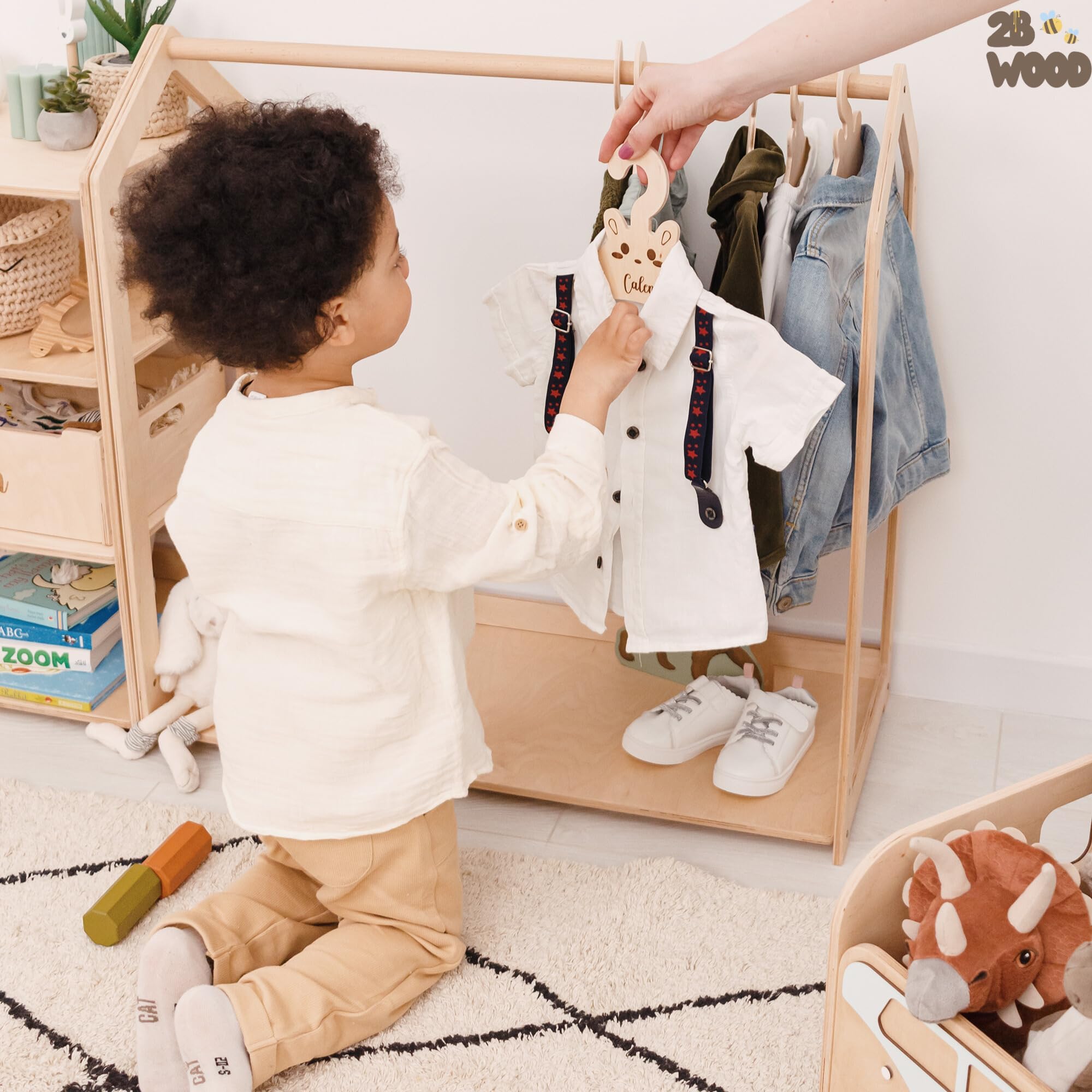 Personalized Kids Clothes Rack - Adjustable Toddler Wardrobe Organizer for Boys & Girls | Montessori Closet Shelf for Baby Clothes Storage | Perfect for Bedroom, Nursery & Playroom Organization