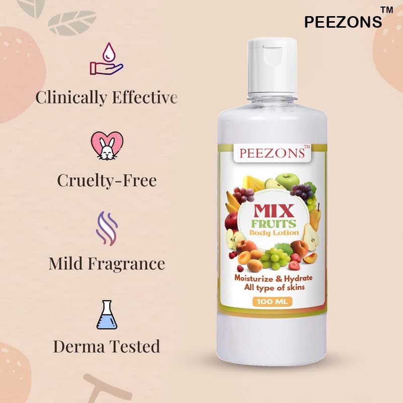 PEEZONS Mixed Fruit Body Lotion for Dry Skin - 100ml Hydrating Moisturizer with Natural Extracts | Pack of 1 | Perfect for Daily Use, After Shower & Nighttime Skincare Routine