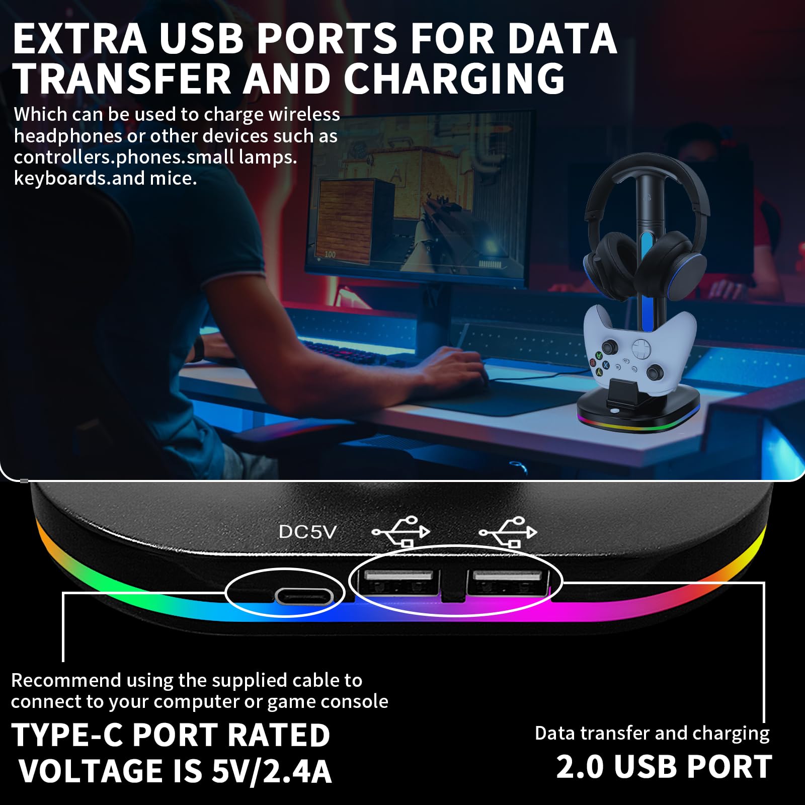 Xbox Headphone Stand with Controller Charger - RGB Gaming Controller Charging Station & Headset Holder for Xbox Series X/S, Xbox One X/S - Includes 5180mWh Rechargeable Battery Pack - Perfect for Gaming Setup & Organized Gaming Accessories Storage