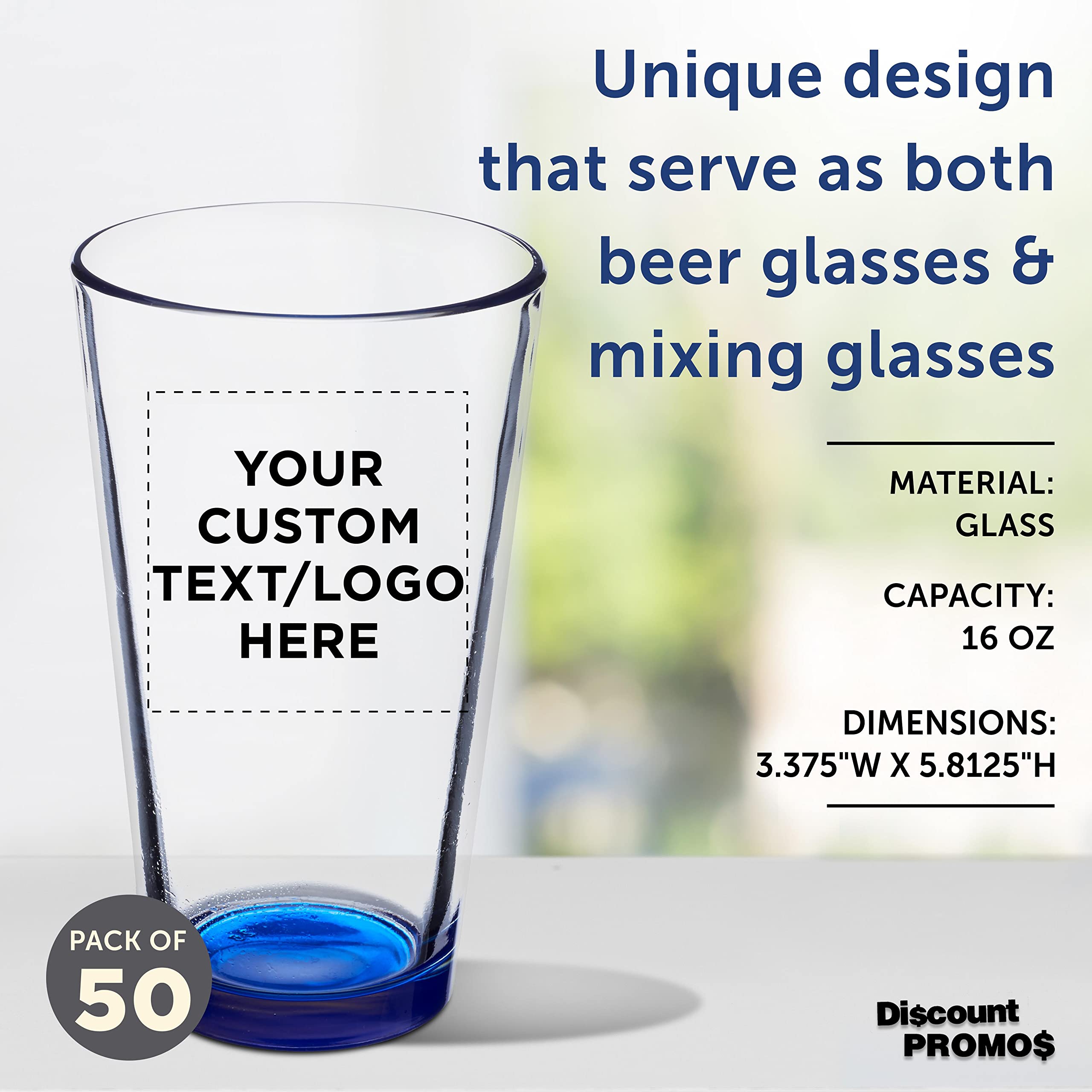 Custom Beer Pint Glasses 16 oz - Set of 50 Bulk Pack | Personalized Bar & Restaurant Glassware with Thick Base & Walls | Durable, Stackable Drinking Glasses for Pubs, Parties & Events (Blue)