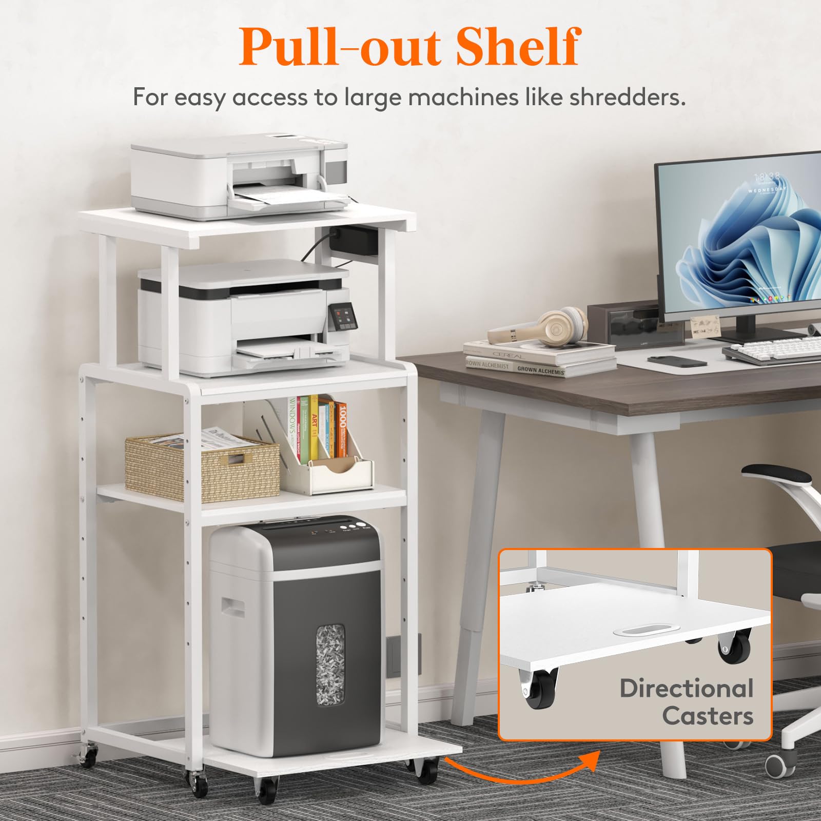Lifewit 4 Tier Rolling Printer Stand with Wheels, 3 Power Outlets & Adjustable Shelves - Mobile Office Cart for Printer, Scanner, Shredder, Fax Machine - Perfect for Home Office Organization & Workspace Storage (White)