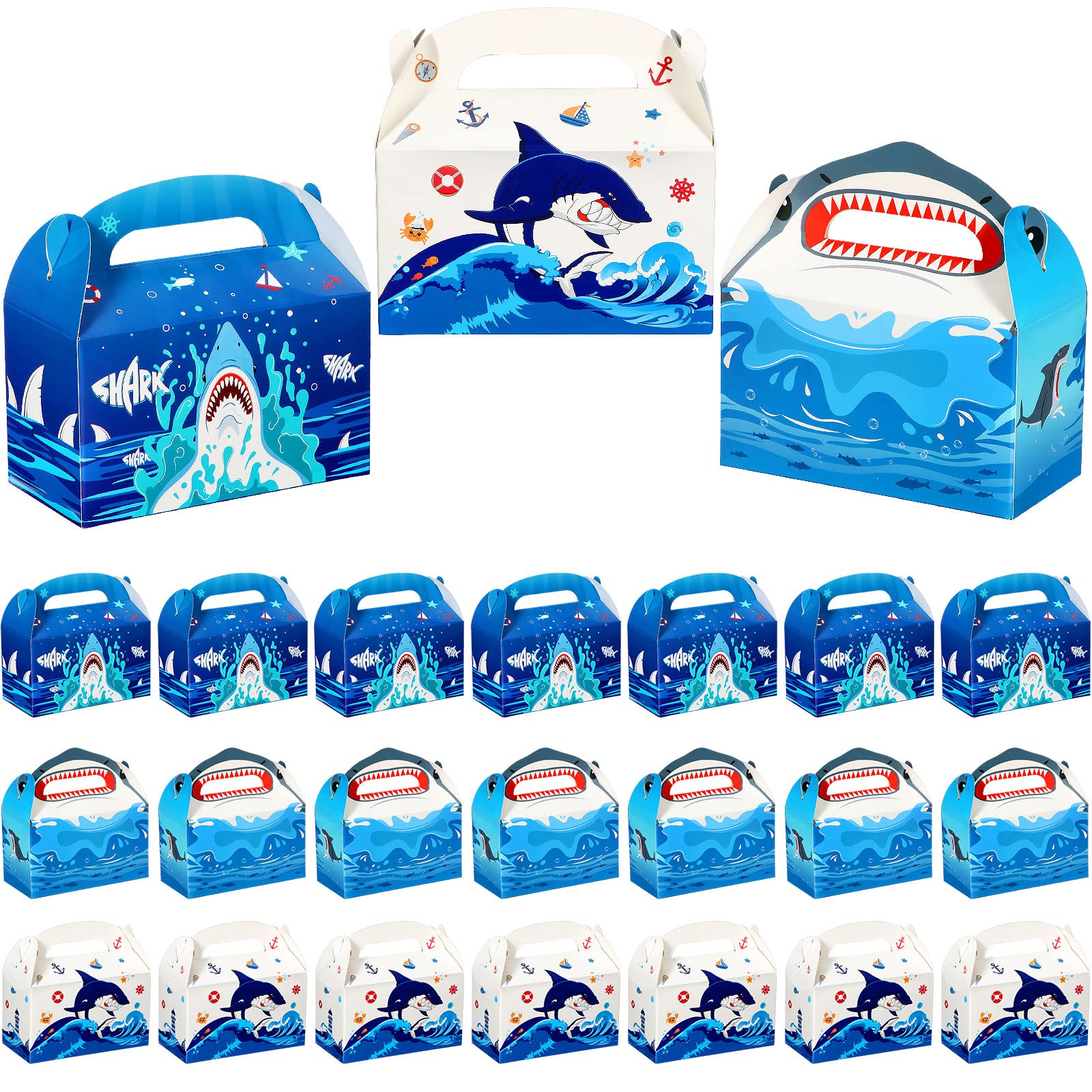 24 Pack Shark Party Favor Boxes 4.8x2.4x2.76 Inch - Mini Gable Goodie Bags for Candy, Ocean Theme Party Supplies - Perfect for Kids Birthday, Baby Shower, Beach & Pool Party Decorations (Blue)