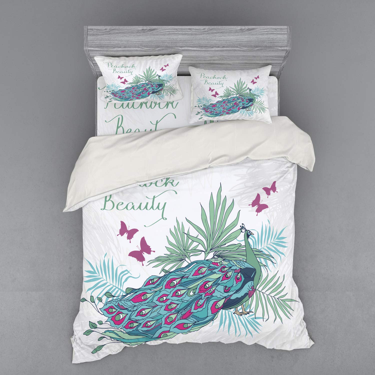 Ambesonne Peacock Feather Bedding Set - 4 Piece Duvet Cover with Shams & Fitted Sheet, Queen Size, Exotic Nature Design with Butterflies & Palm Leaves, Coconut & Multicolor - Perfect for Bohemian Bedroom Decor & Guest Room Styling