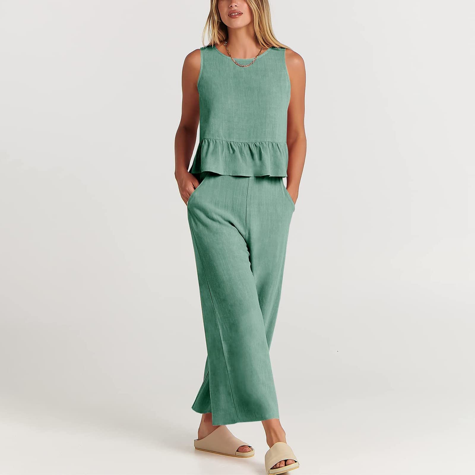 Women's 2 Piece Outfit Set - Summer Cotton Linen Sleeveless Blouse & Shorts Casual Floral Print Tracksuit | Clubwear, Lounge Wear, Beach Outfit in Mint Green