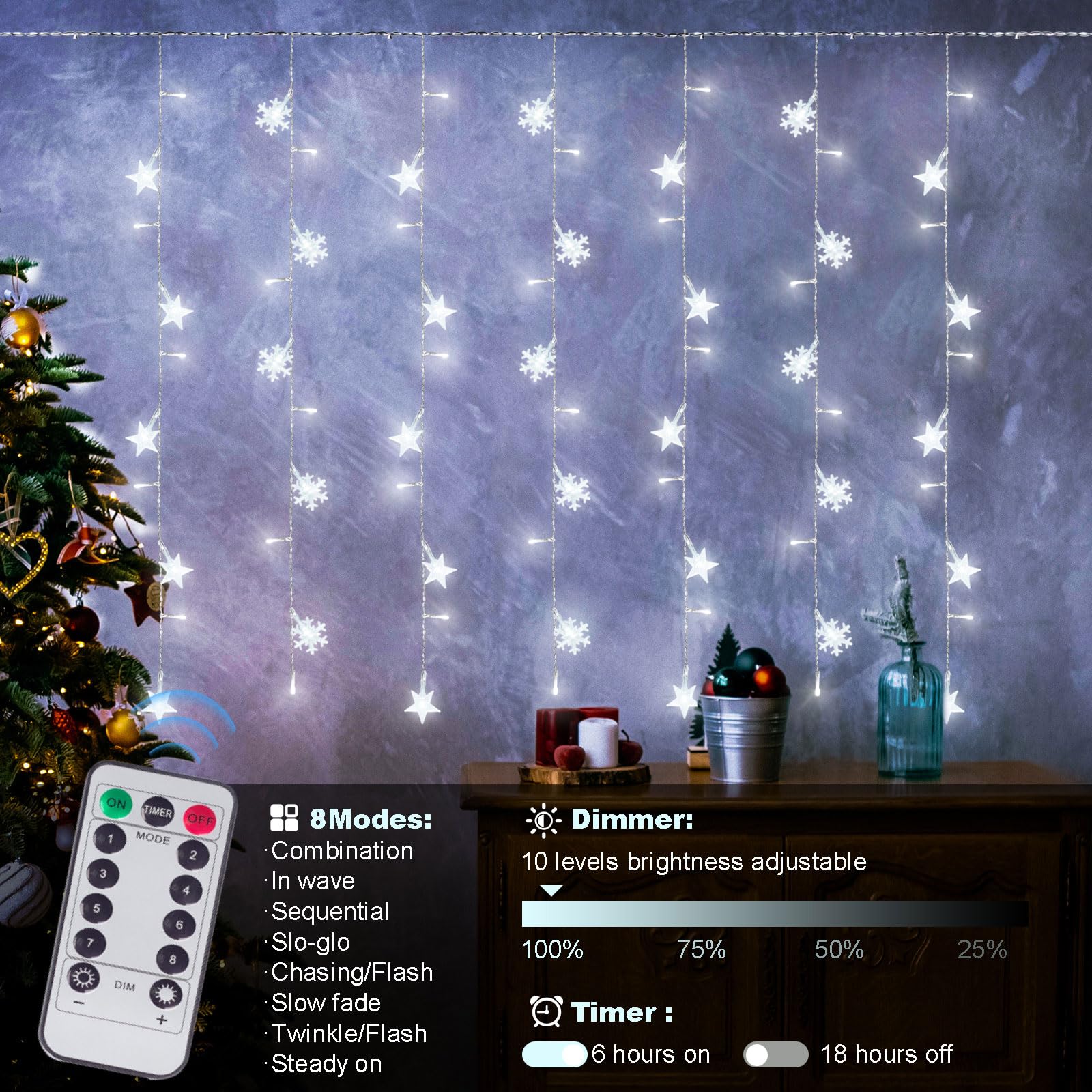 8 Modes Christmas Curtain String Lights with Snowflake & Star Designs - USB Plug-in Wall Lights for Indoor/Outdoor Holiday Decor - White Christmas Window Lights for Home, Party & Festive Decorations