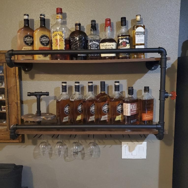 2-Tier Wall Mounted Wine Rack with Glass Holder - Industrial Rustic Pipe Floating Bar Shelf for Kitchen, Dining Room & Home Decor (35.4x10.6x19.7in, Black) - Perfect for Farmhouse Style, Small Spaces & Entertaining Guests