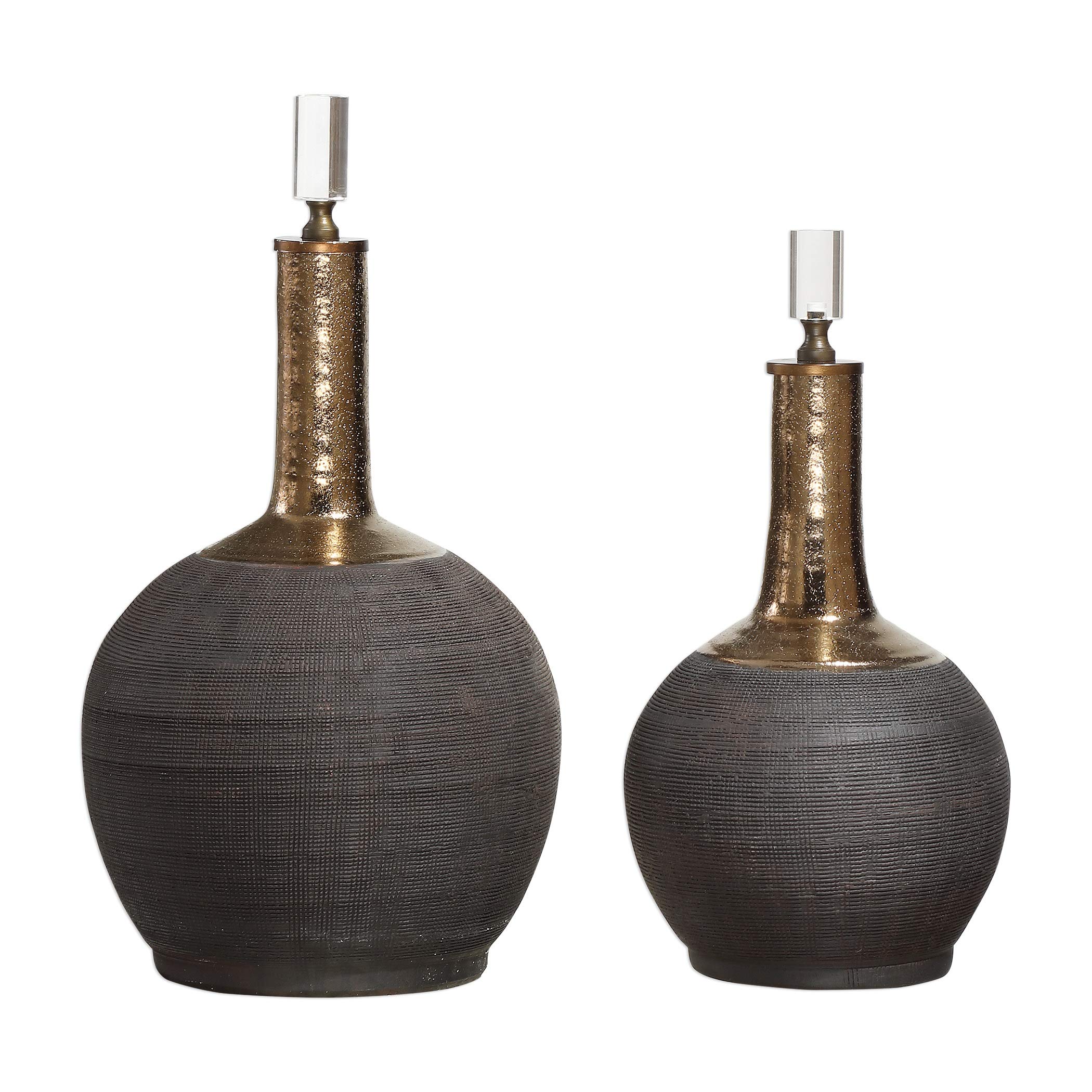 Contemporary Home Decor - Set of 2 Black Ceramic Bottles with Gold Metallic Necks & Crystal Finial, 16