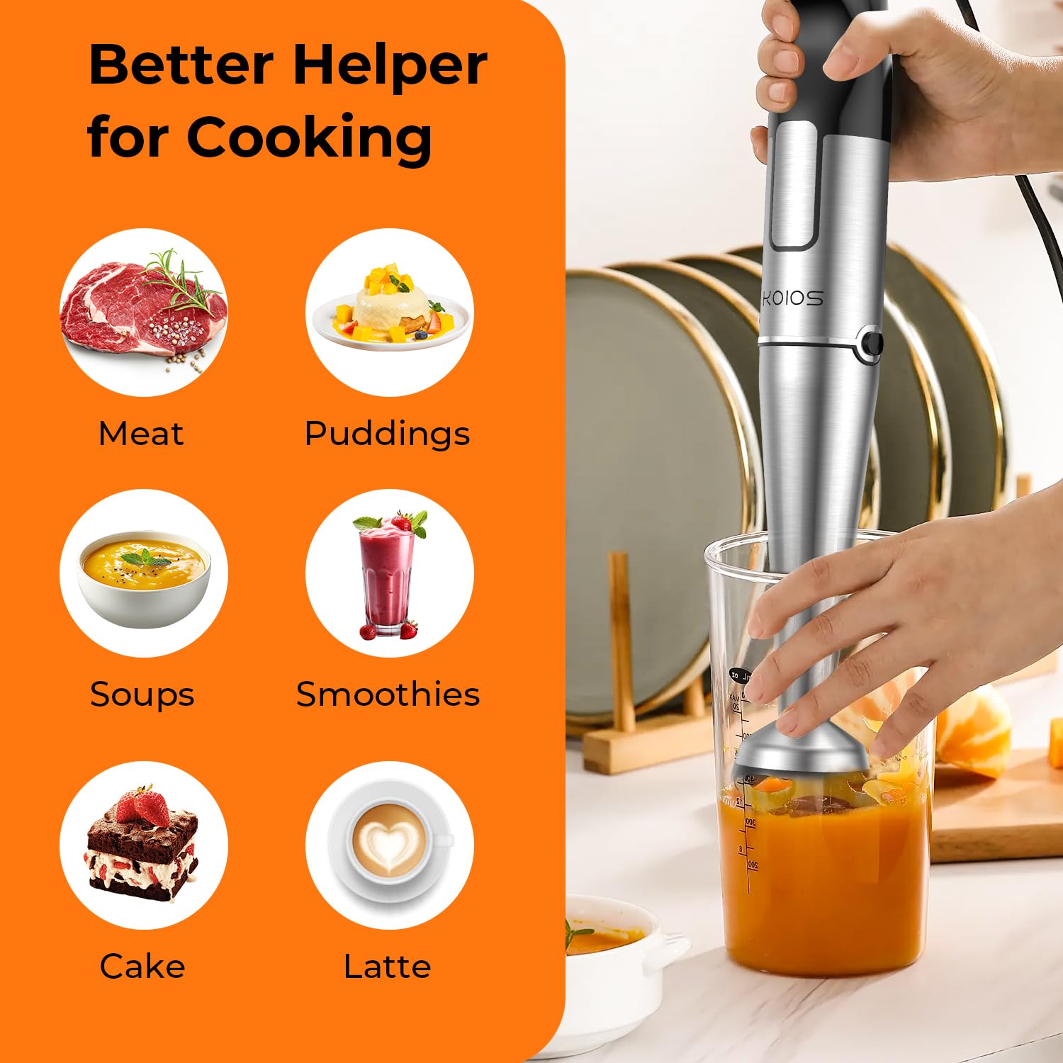 KOIOS 1100W Professional Immersion Blender - 5-in-1 Handheld Blender with Variable Speed, Stainless Steel Shaft, Chopper & Milk Frother, BPA-Free for Smoothies, Soups, Baby Food & Baking - Perfect for Kitchen, Restaurant & Home Cooking