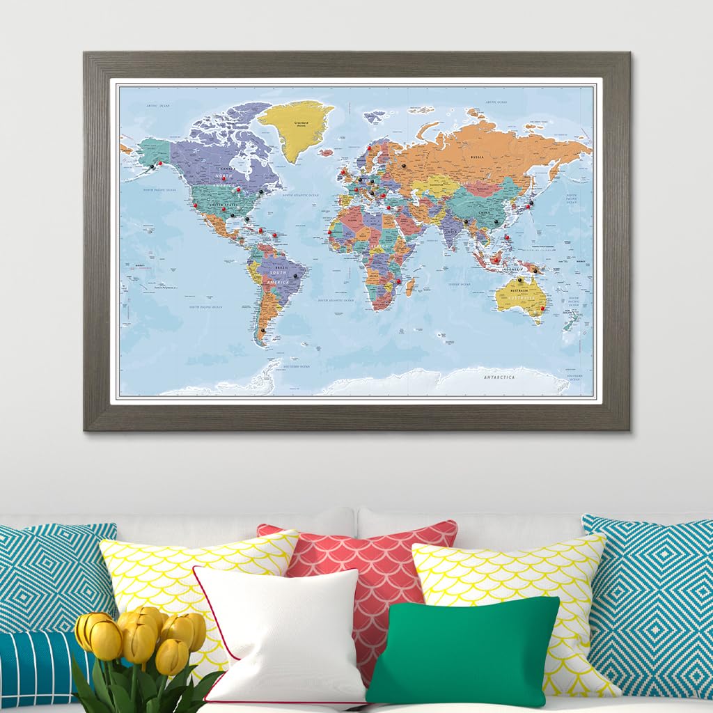 Personalized Blue Oceans World Push Pin Travel Map with Barnwood Gray Frame - Perfect for Home Decor, Travel Planning & Gift Giving