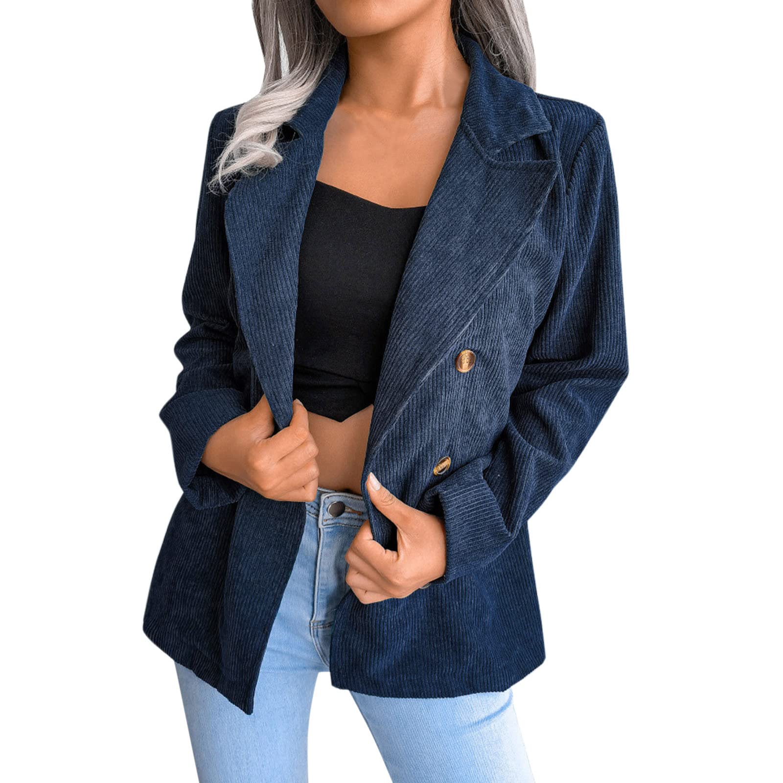 Plus Size Women's Double Breasted Corduroy Blazer Jacket - Long Spring Coat for Work, Office & Casual Wear | Elegant Formal & Business Attire