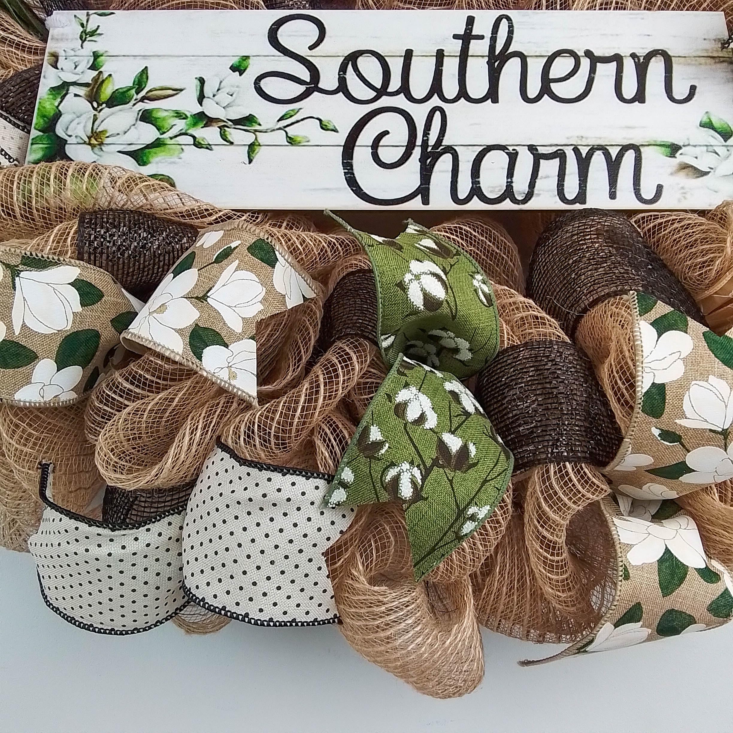 Southern Charm Magnolia Wreath - Elegant Black & Green Burlap Wreath for Spring Home Decor - Perfect Wedding Gift Idea - Moss & White Burlap Wreath for Front Door, Wall Decor, and Seasonal Holiday Decoration