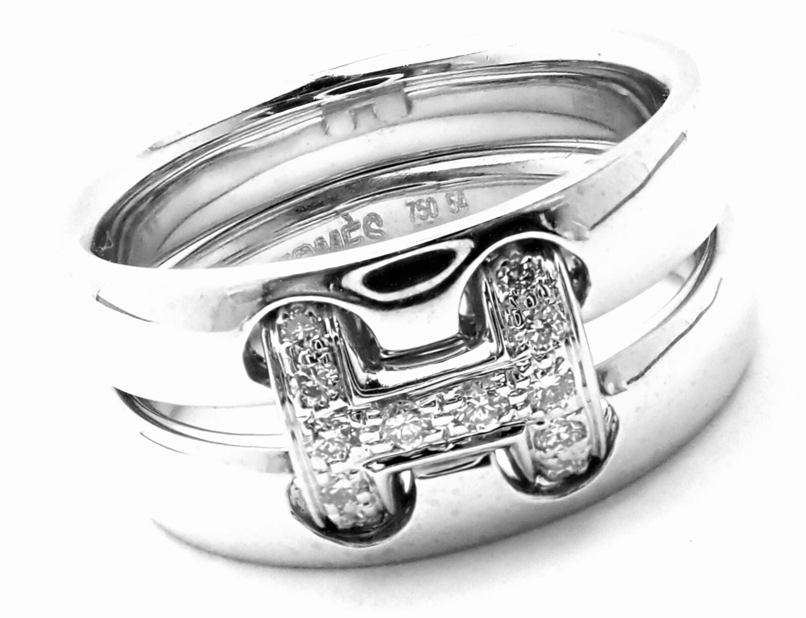 Authentic Hermes 18k White Gold Diamond H Double Band Flex Ring - Luxury Jewelry for Women, Perfect for Weddings, Anniversaries & Special Occasions