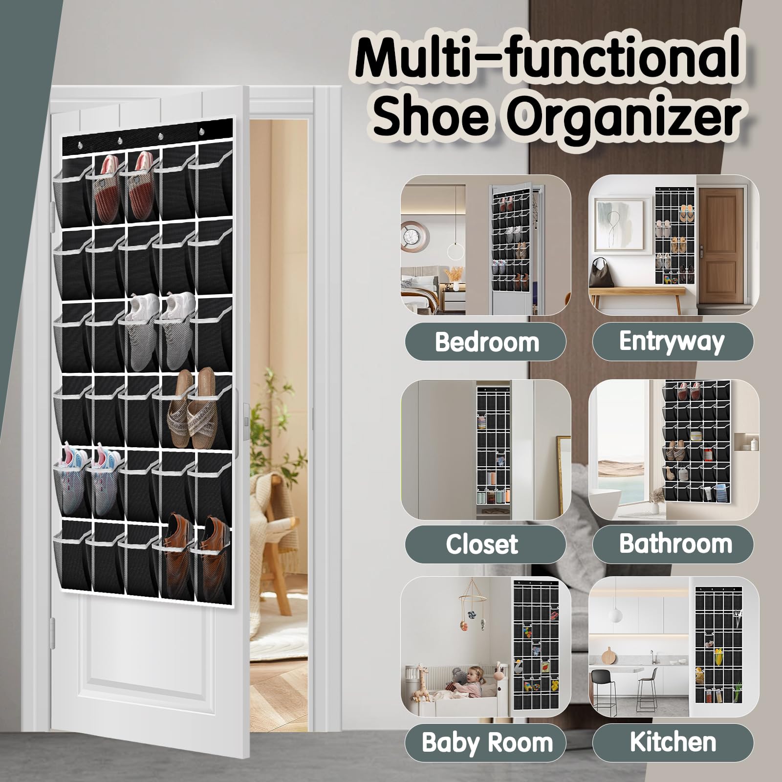 30 Compartment Breathable Mesh Over the Door Hanging Shoe Organizer - Large Storage for Men & Women Shoes - Space Saving Closet Organizer - Perfect for Bedrooms, Dorms & Entryways (Black)