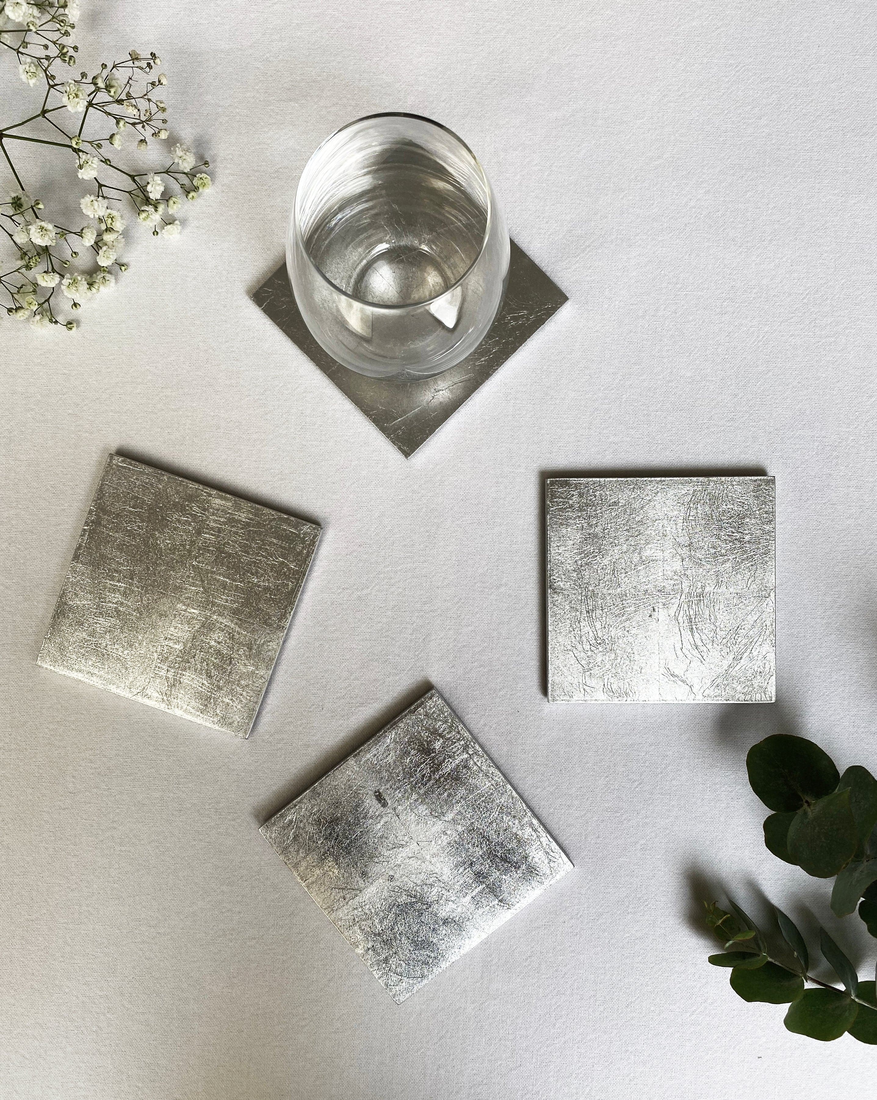 Premium Silver Leaf Coaster Set - Elegant & Durable Drink Coasters for Home & Office - Perfect for Coffee, Wine & Cocktail Parties - 6-Piece Gift Set
