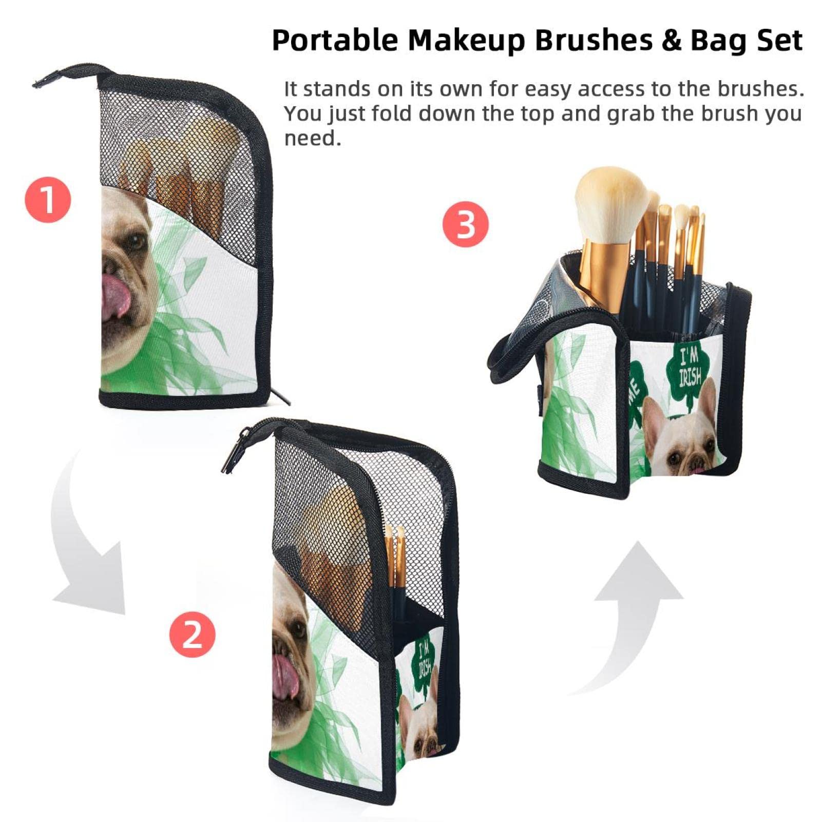Portable Makeup Brush Organizer Bag with 12 Slots - Cute Bulldog Kiss Design Cosmetic Brush Holder Case for Travel & Home Storage