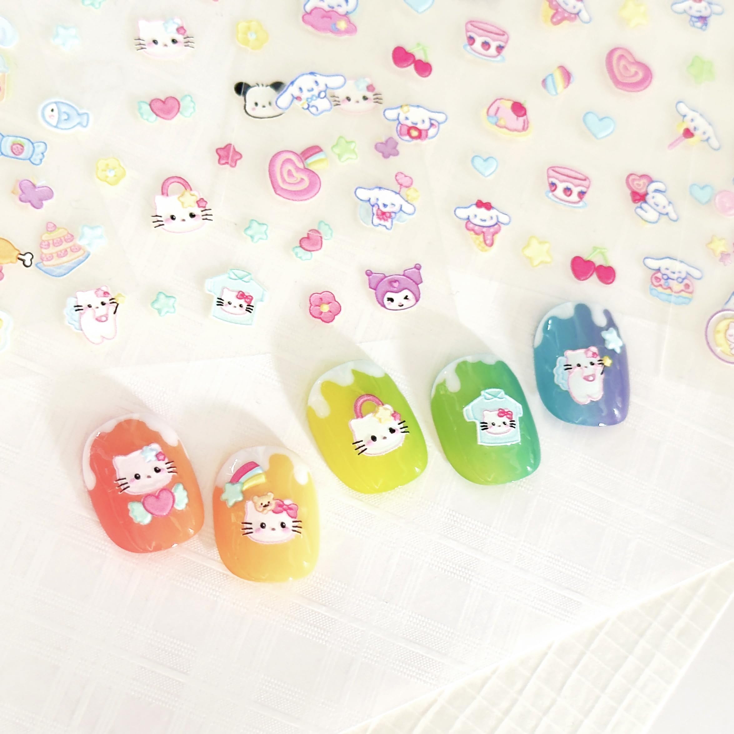 4 Sheets of 3D Nail Stickers - 274 Cute Nail Art Decals for Kids | Embossed Kawaii Nail Stickers with Stars, Hearts, Bunny, Pink Bear, Puppy & Cats | Glow in The Dark Nail Stickers for Girls' Birthday Parties & Sleepovers