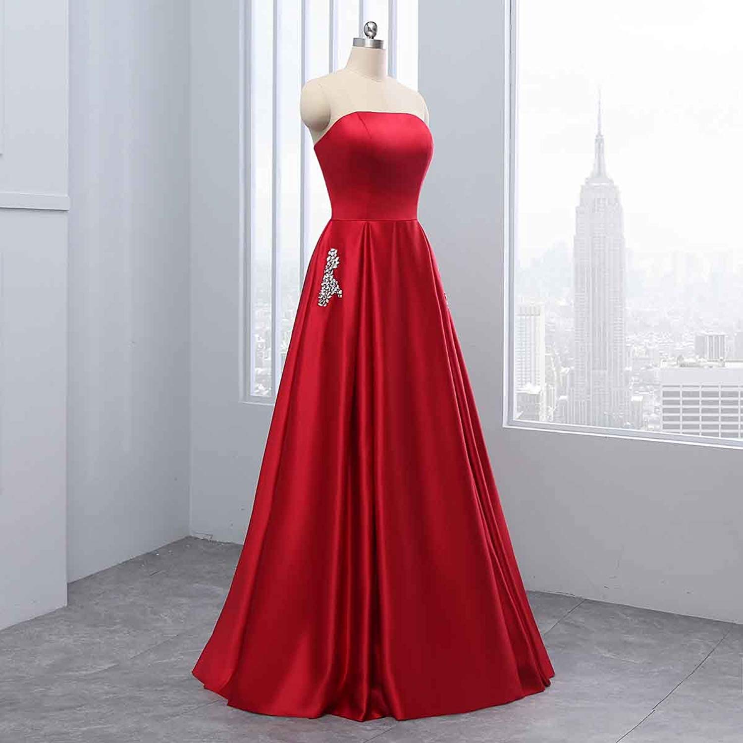 Elegant Strapless Satin Prom Dress for Women - Long Beaded Evening Gown with Pockets | Perfect for Formal Events, Homecoming, Weddings & Special Occasions