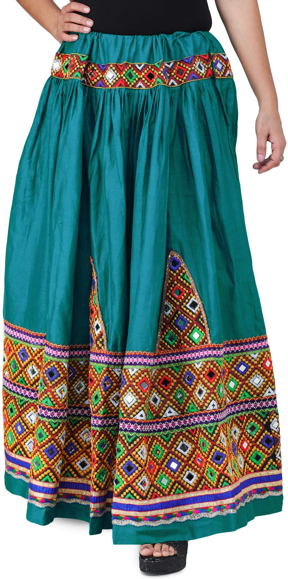 Exotic Indian Ghagra Skirt from Kutch - Handcrafted Multicolor Thread Embroidered Patch Border with Mirror Work | Perfect for Festivals, Weddings & Cultural Events