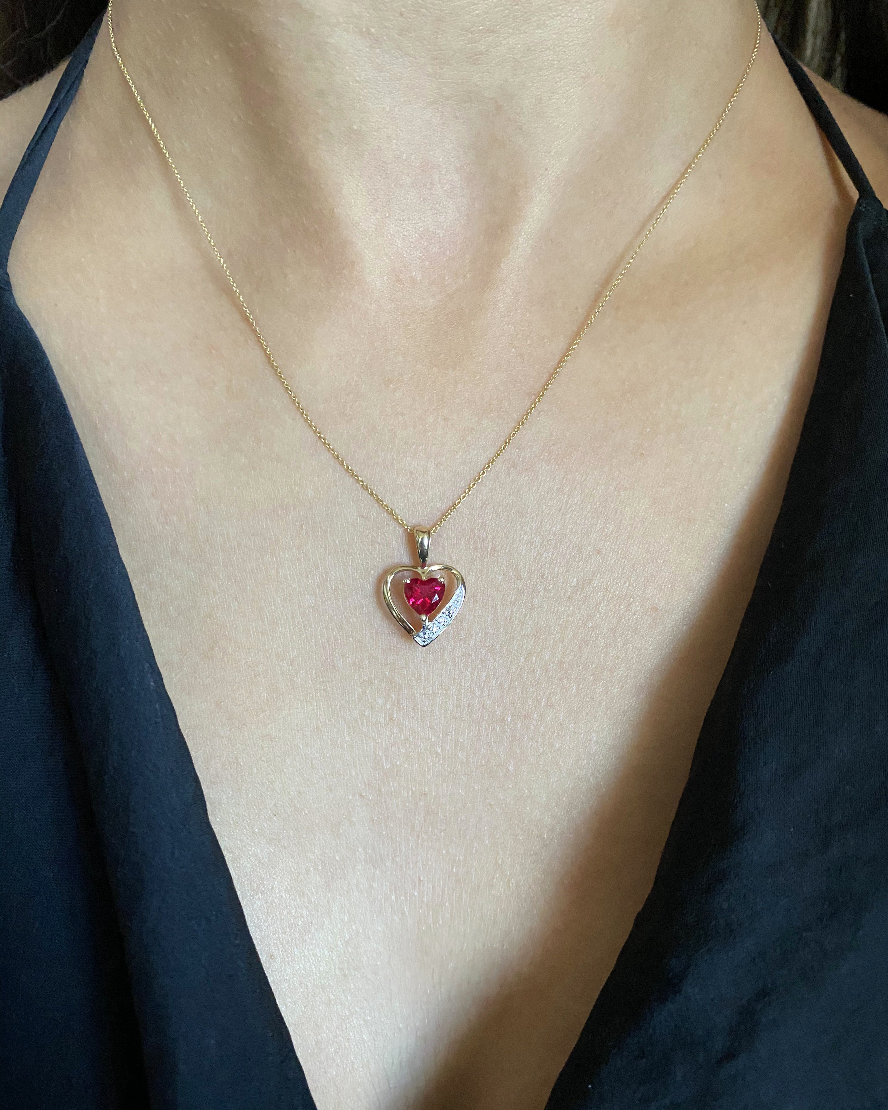 9ct Yellow Gold Created Ruby and Diamond Pendant Necklace - Elegant Jewelry Gift for Women, Perfect for Valentine's Day, Anniversary or Birthday