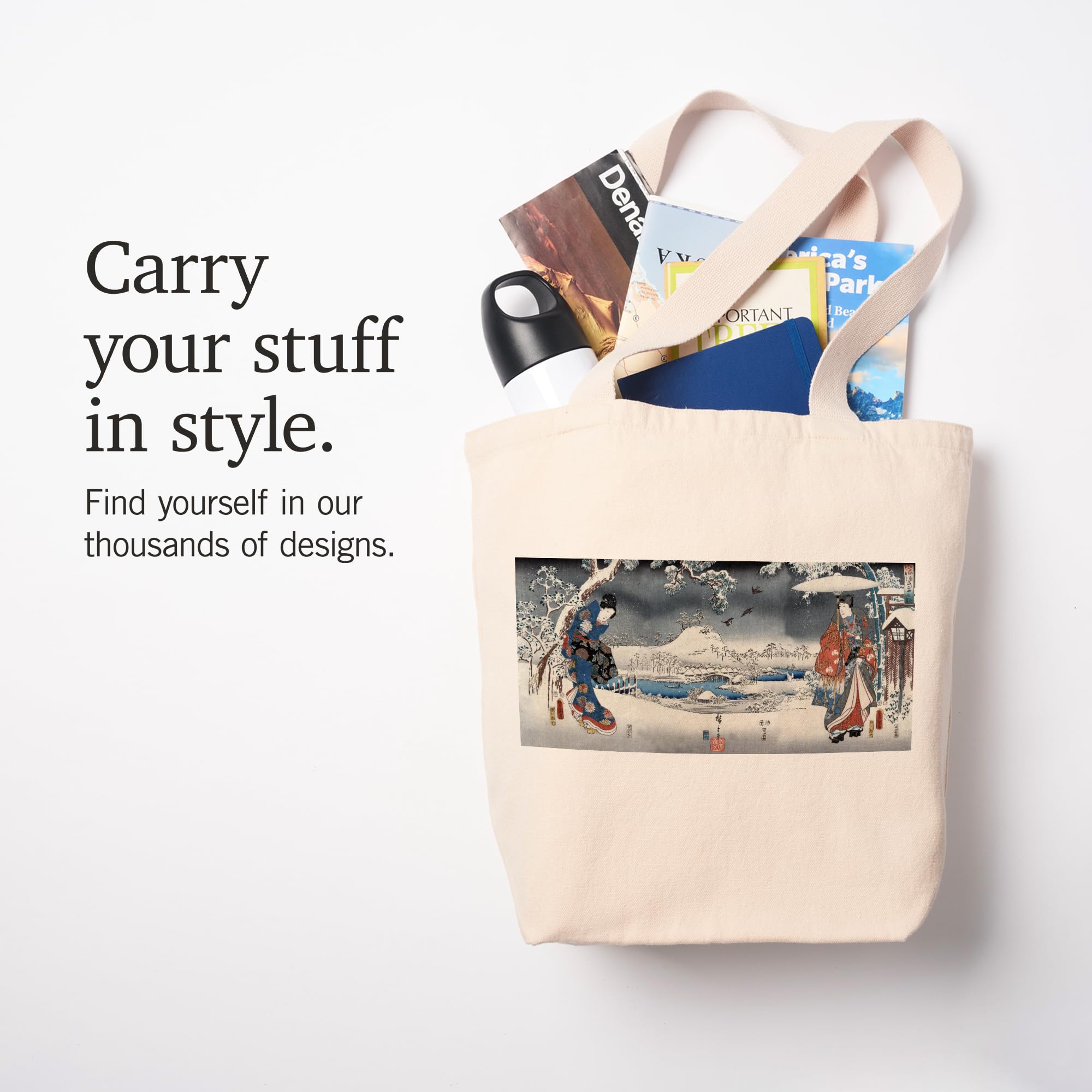 Lantern Press Japanese Wood-Cut Print Tote Bag - Modern Tale of Genji Snow Scene Design | 100% Cotton Canvas Reusable Shopping Bag for Groceries, Books & Beach