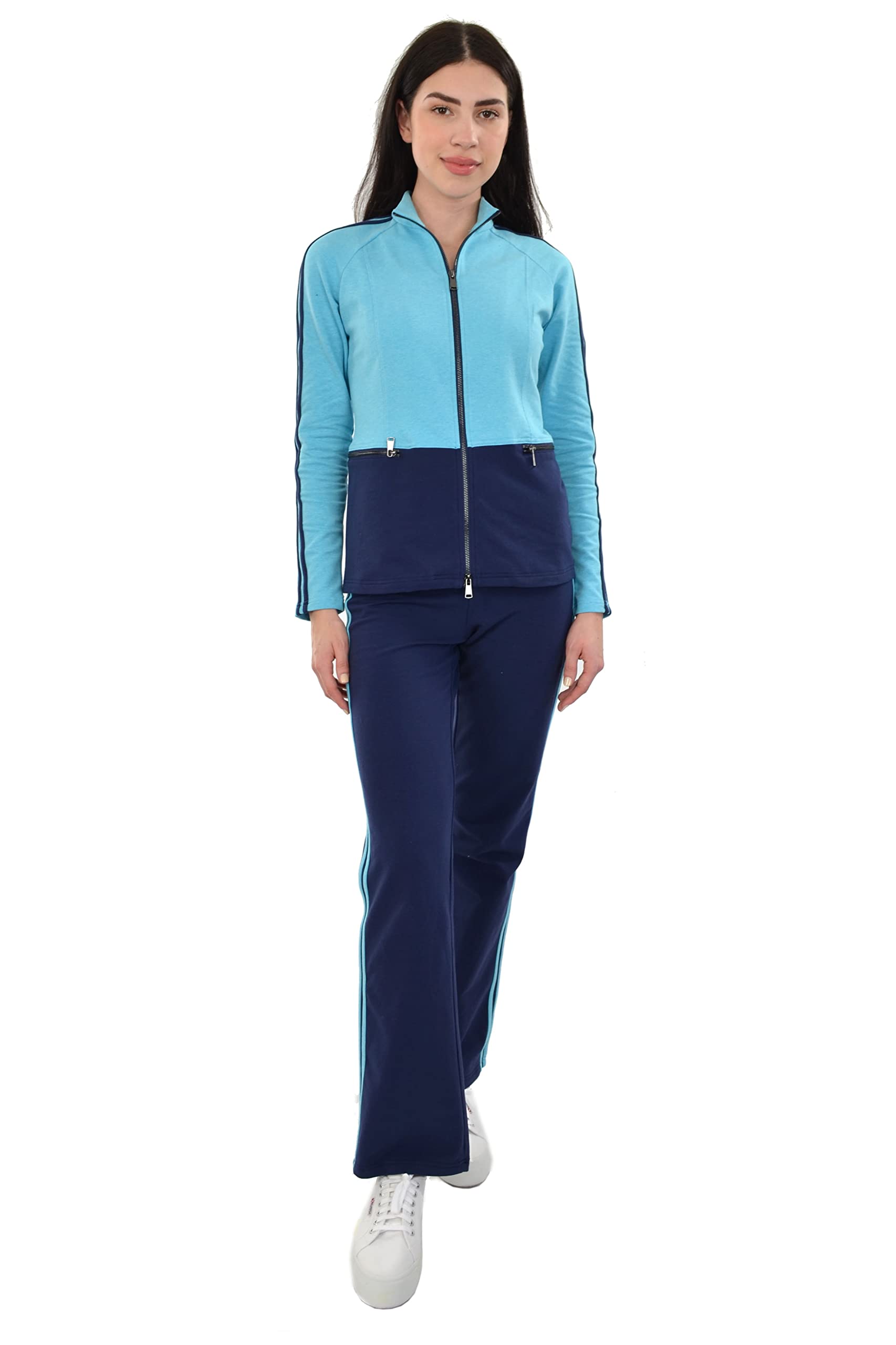 Alina Women's Athleisure Color Block Racer Stripe 2-Piece Set - Turquoise & Navy | Yoga Outfit, Gym Wear & Casual Lounge Set for Women