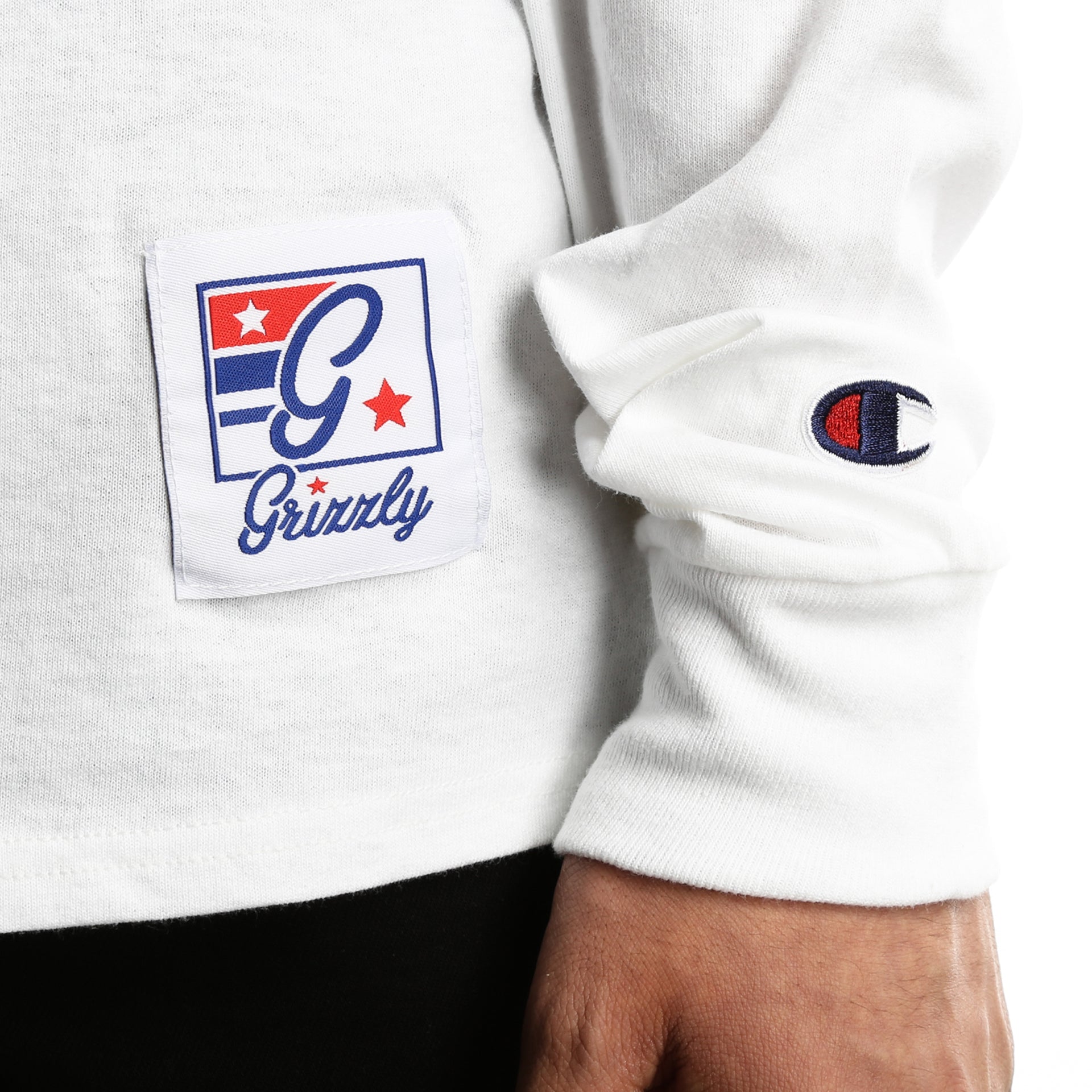 Grizzly x Champion Behind The Arch Long Sleeve T-Shirt for Men - Soft Cotton Crewneck Tee - White Casual Shirt for Streetwear & Everyday Wear