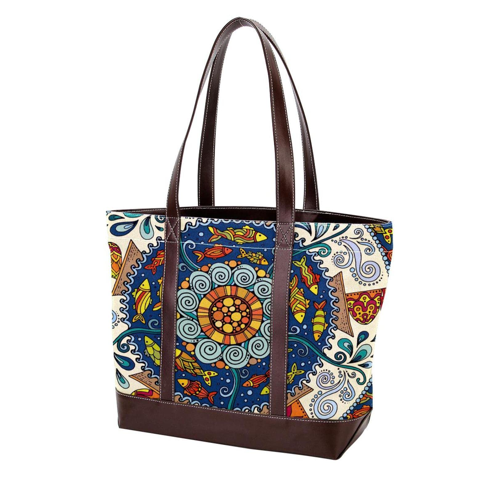 Abstract Mandala Colorful Tote Bags for Women - Large Leather Canvas Shoulder Bags & Purses with Top Handle - Perfect for Beach, Shopping & Work (Hobo Satchel Bag)