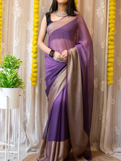 1 Minute Lavender Chiffon Silk Stitched Ready-Made Saree - Elegant Indian Traditional Dress for Weddings, Parties & Special Occasions