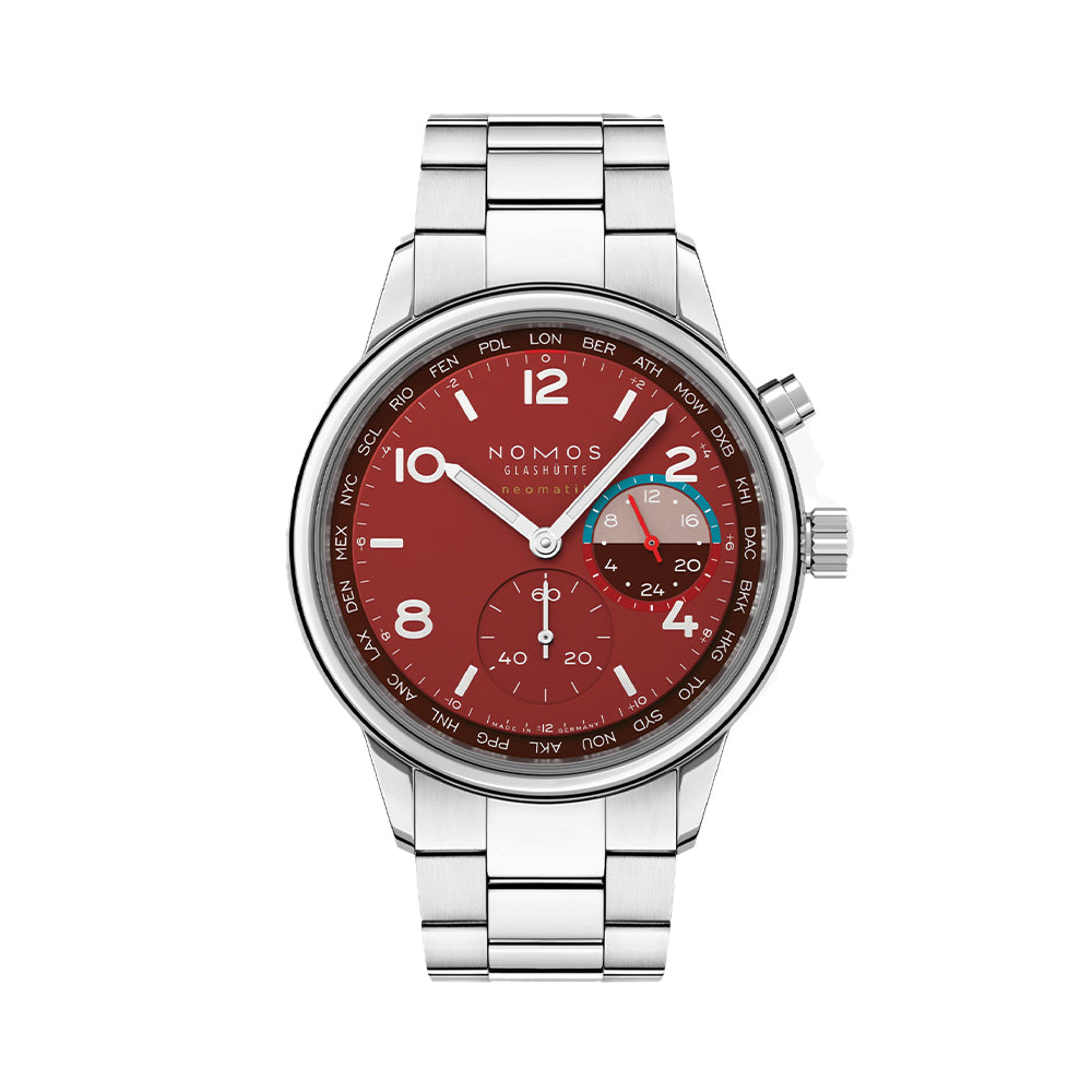NOMOS Club Sport Neomatik Worldtimer Limited Edition 40mm Watch with Magma Dial & Stainless Steel Bracelet - Perfect for Travelers and Luxury Watch Collectors
