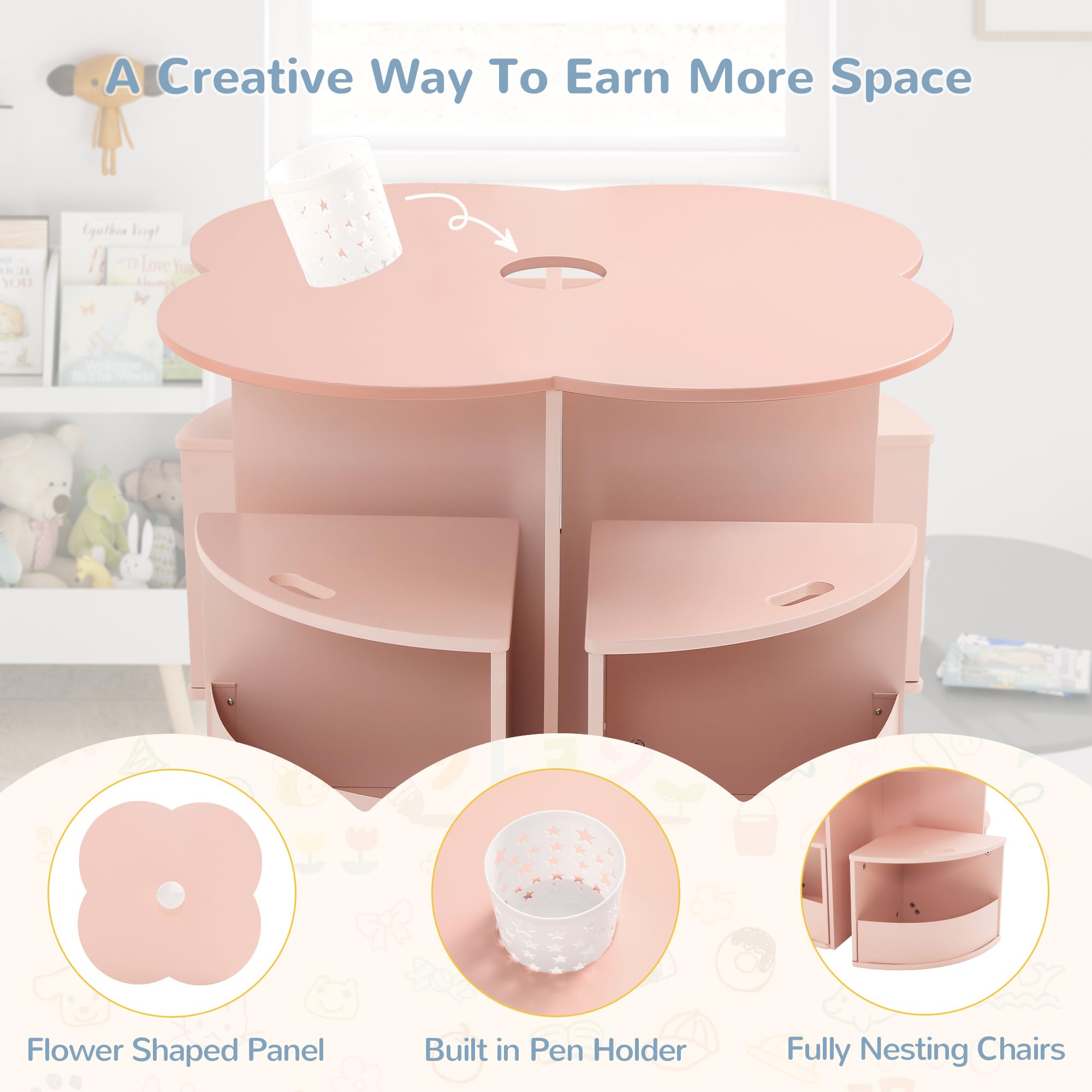 **Pink Flower-Shaped Kids Table and Chair Set with 4 Storage Stools & Built-in Pen Holder - Toddler Activity, Play, Art, Reading & Craft Table - Ideal for Playrooms, Daycares, Homeschooling & Montessori Learning**