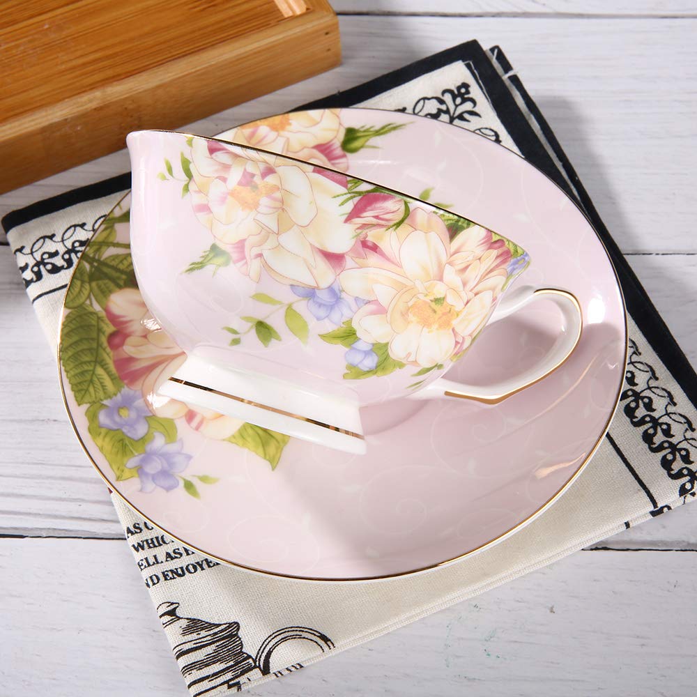 Elegant Pink Floral Bone China Tea Cup and Saucer Set - 7oz Porcelain Coffee & Tea Drinking Set for Afternoon Tea, Bridal Shower, and Home Decor