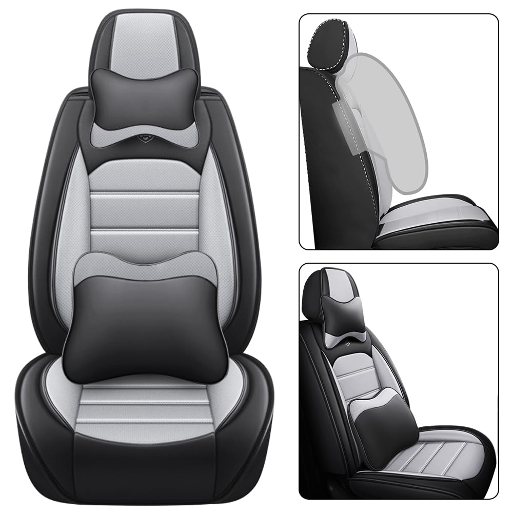Premium Nappa Leather Seat Covers for Volkswagen VW Taos 2022-2024 - Waterproof Soft Car Seat Protectors with Airbag Compatibility (5-Piece Set, Black & Gray) | Perfect for Daily Commuting, Road Trips and Interior Protection