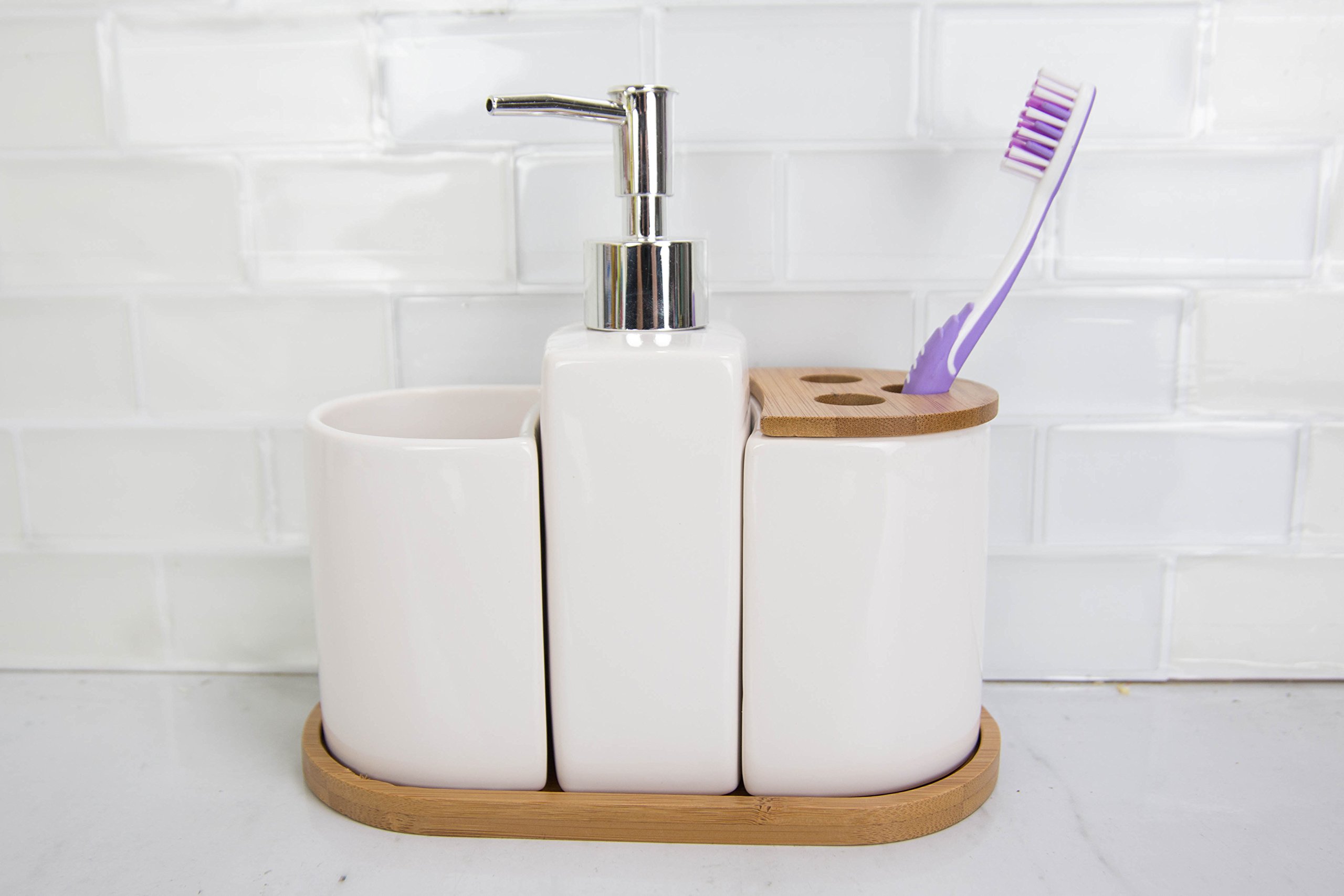 Home Basics 4-Piece Ceramic Bamboo Bathroom Set in White - Perfect for Modern Bathrooms, Spa-Like Showers & Guest Bathroom Decor