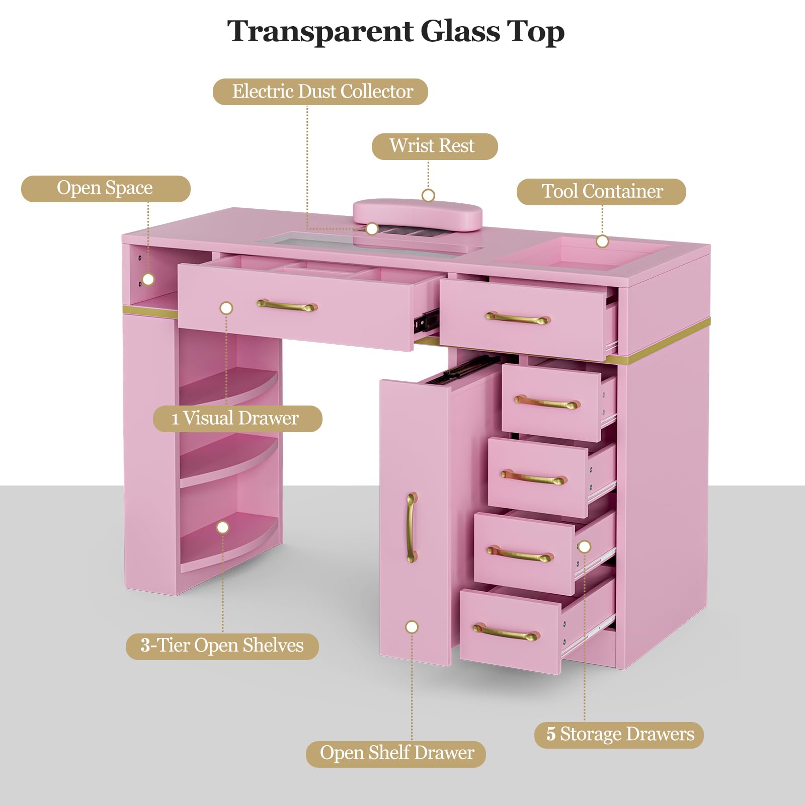 Premium Paddie Manicure Table with Built-in Dust Collector | Glass Top Nail Tech Station with 7 Storage Drawers & 3-Tier Open Shelves | Professional Nail Beauty Workstation with Wrist Cushion & Golden Handles (Pink) | Perfect for Salon, Spa & Home Nail Care Business