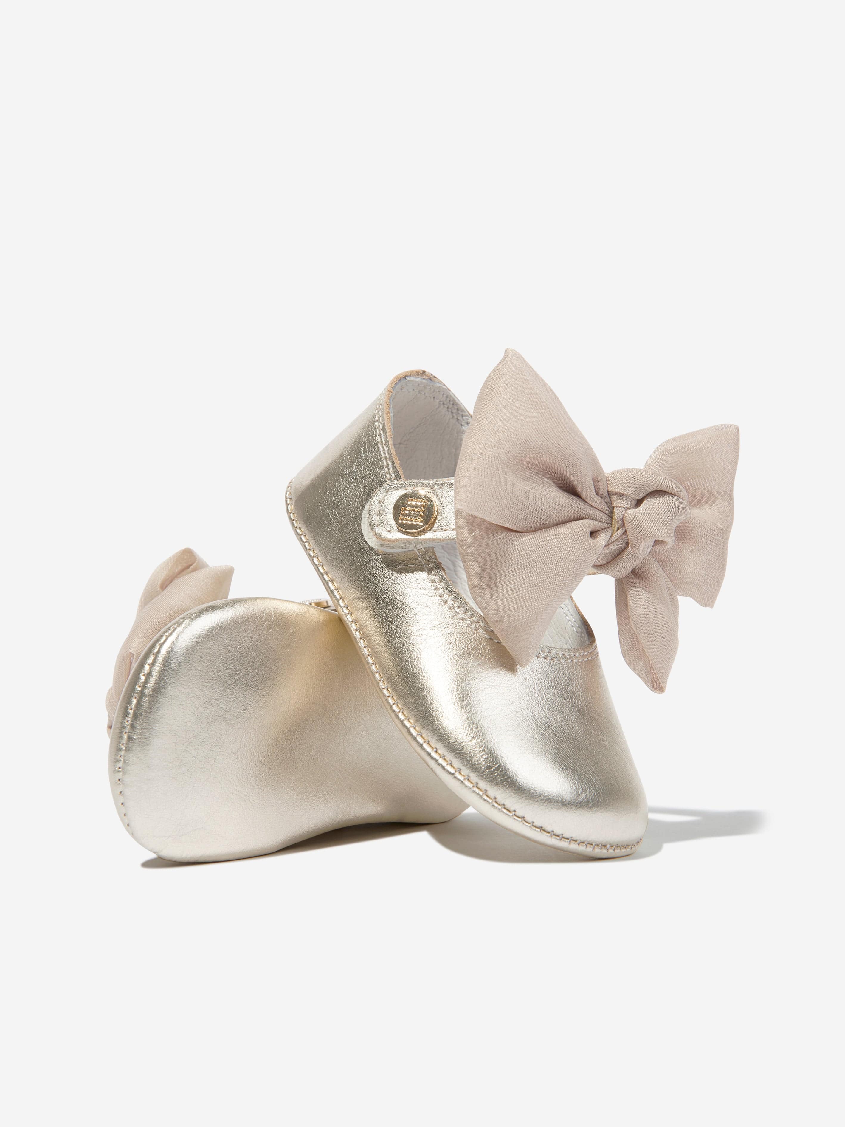 Andanines Baby Girls Leather Bow Shoes in Gold - Soft & Comfortable First Walking Shoes for Infants & Toddlers - Perfect for Special Occasions, Parties & Everyday Wear