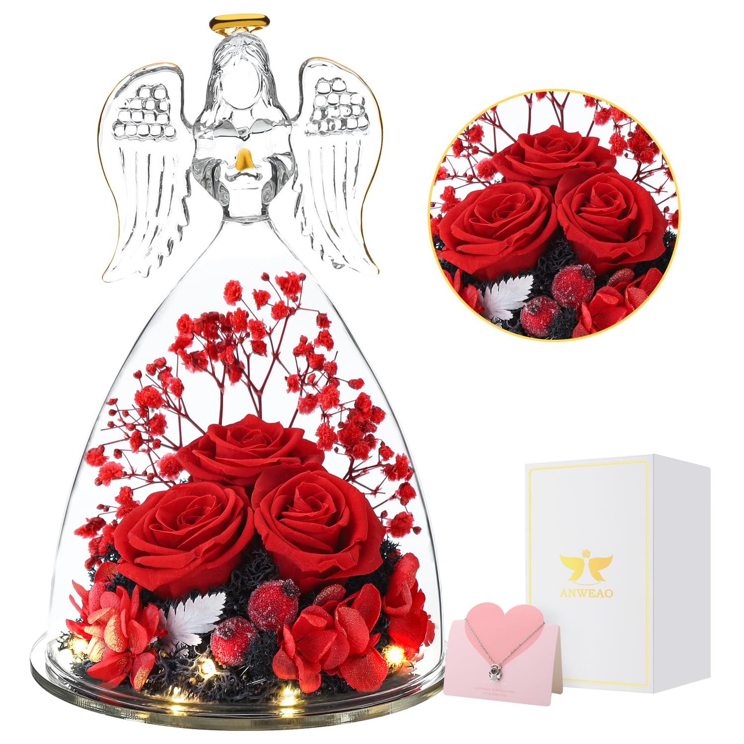ANWEAO Preserved Rose Gifts with LED Angel Figurines - Perfect Mother's Day, Birthday, Anniversary Gifts for Women, Mom, Grandma, Wife - Romantic Home Decor & Keepsake for Special Occasions