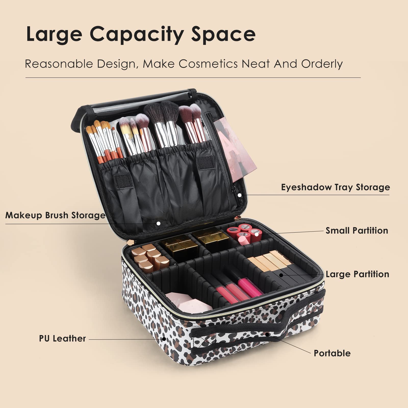 Professional Makeup Train Case - Adjustable Cosmetic Organizer for Brushes, Jewelry & Skincare | Travel Toiletry Storage Bag with Dividers | Perfect for Travel, Salon & Home Use (Leopard Print)