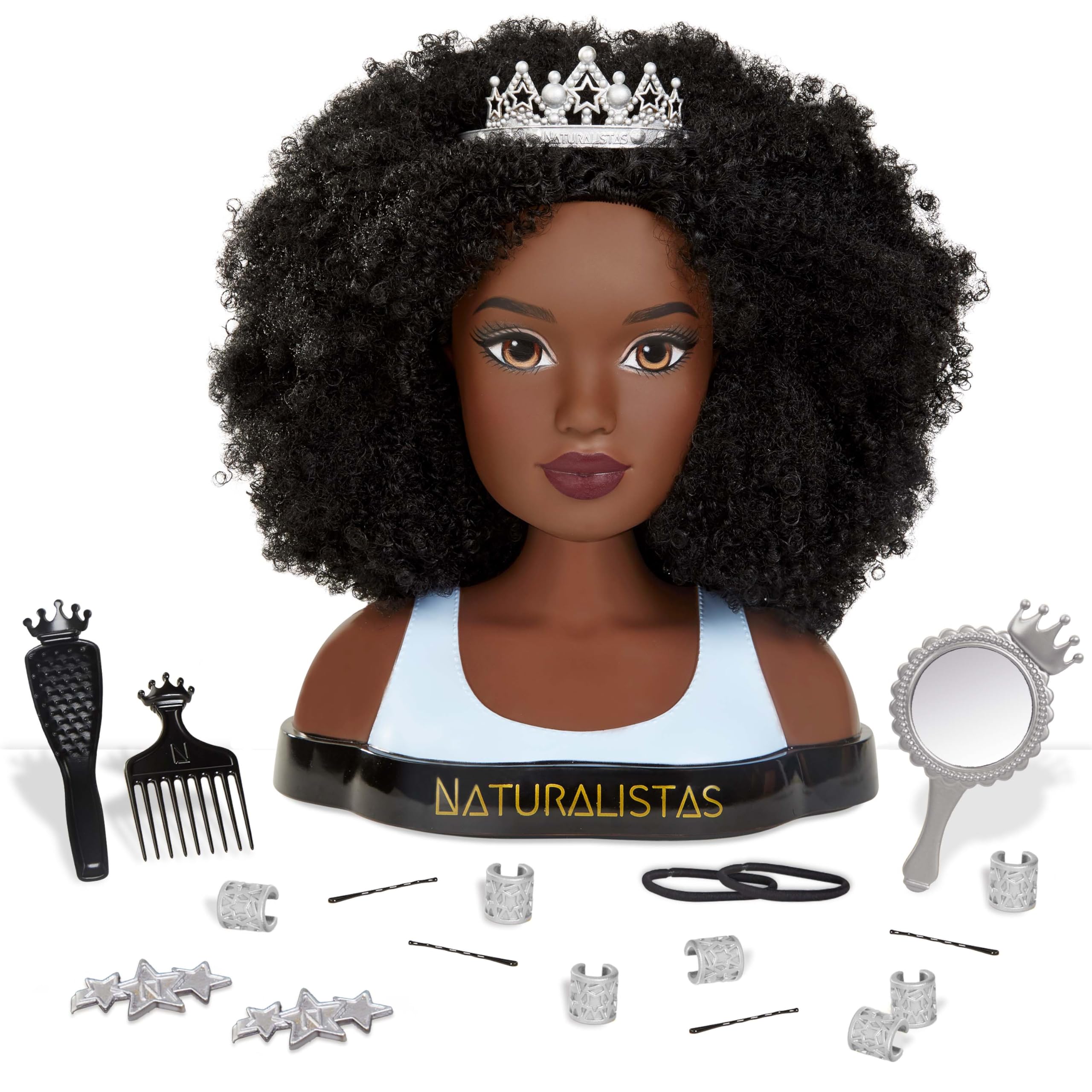 Liya Platinum Crown and Coils Fashion Styling Head with 4A Textured Hair - 19 Natural Hair Accessories for Braiding, Twisting & Styling Practice | Perfect for Salon Training, Cosmetology Students & DIY Hairstyling at Home